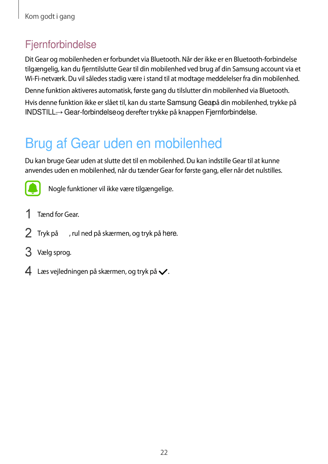 Samsung SM-R760NDAANEE, SM-R770NZSANEE manual Brug af Gear uden en mobilenhed, Fjernforbindelse 