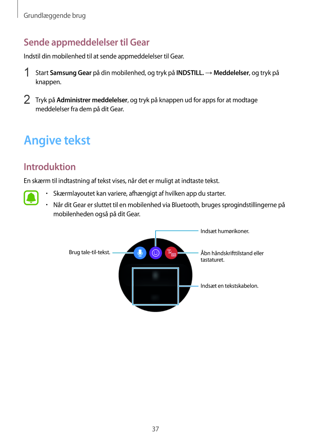 Samsung SM-R770NZSANEE, SM-R760NDAANEE manual Angive tekst, Sende appmeddelelser til Gear, Introduktion 