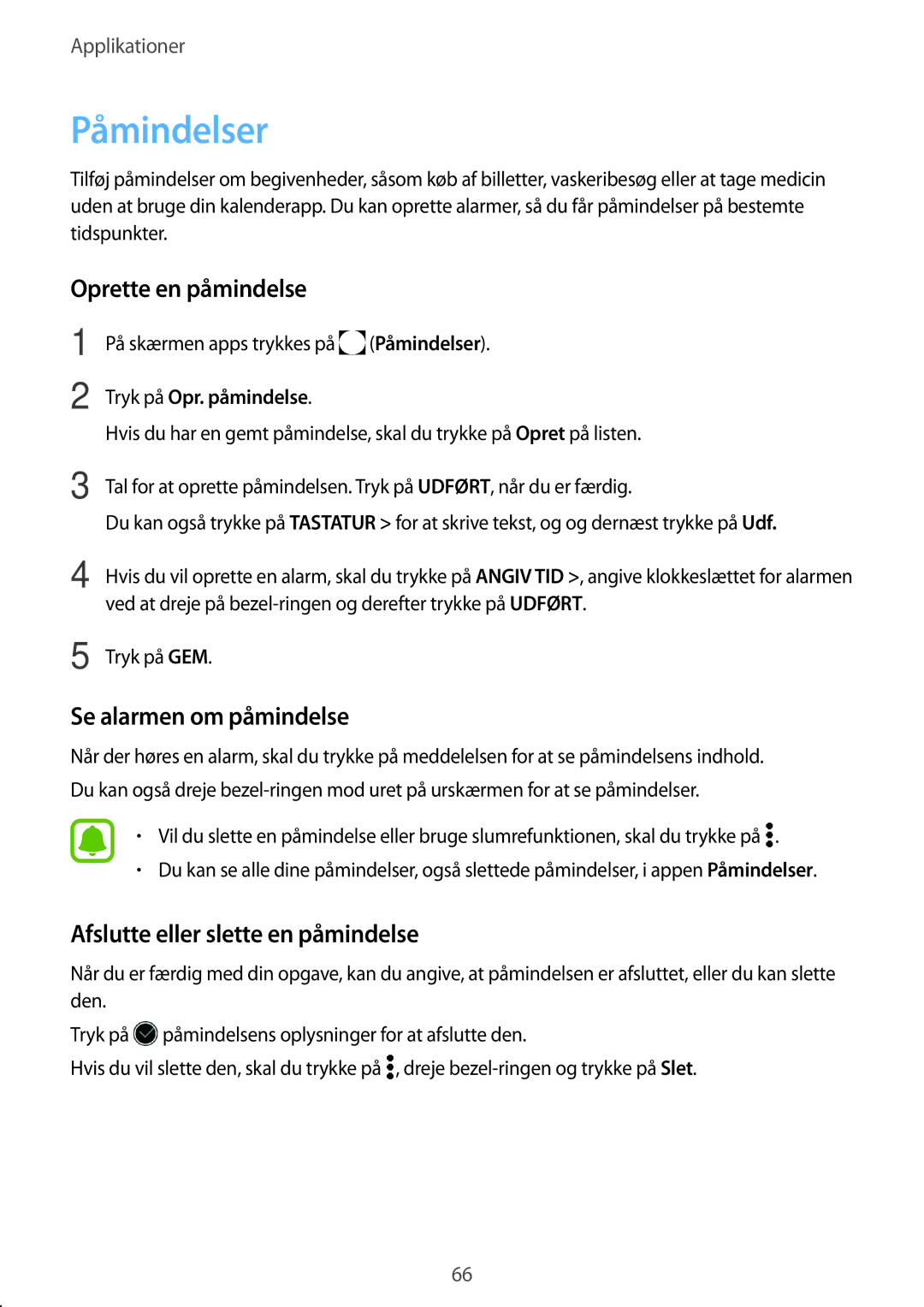 Samsung SM-R760NDAANEE Påmindelser, Oprette en påmindelse, Se alarmen om påmindelse, Afslutte eller slette en påmindelse 