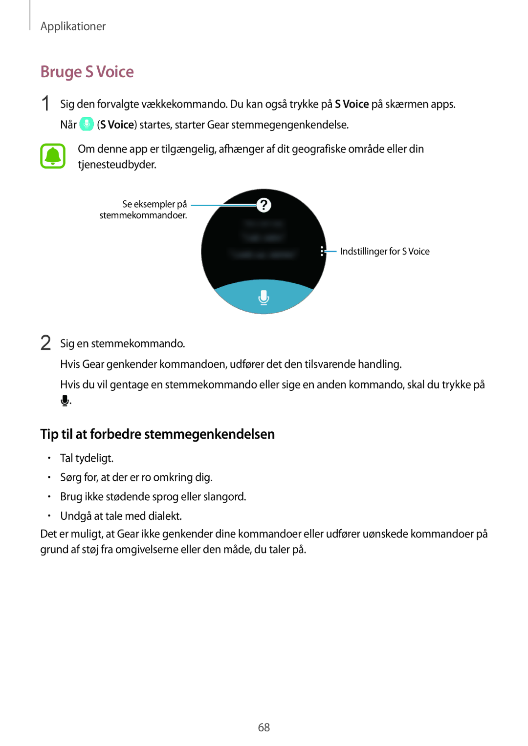 Samsung SM-R760NDAANEE, SM-R770NZSANEE manual Bruge S Voice, Tip til at forbedre stemmegenkendelsen 