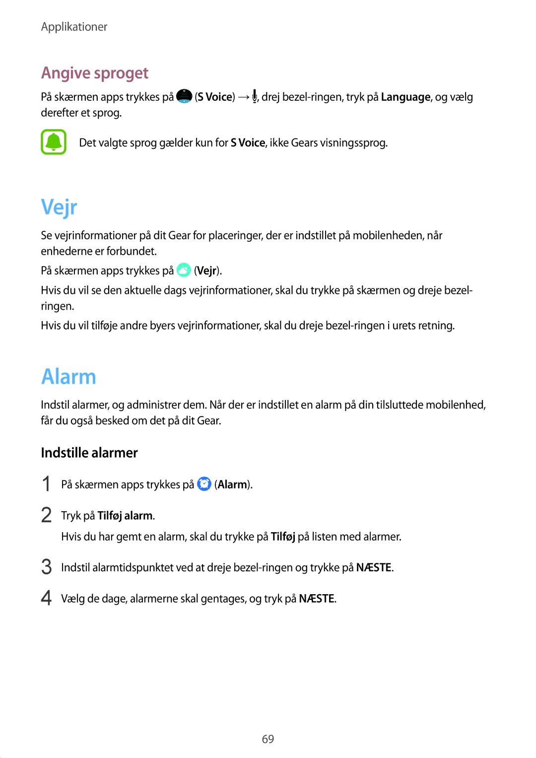 Samsung SM-R770NZSANEE, SM-R760NDAANEE manual Vejr, Alarm, Angive sproget, Indstille alarmer, Tryk på Tilføj alarm 