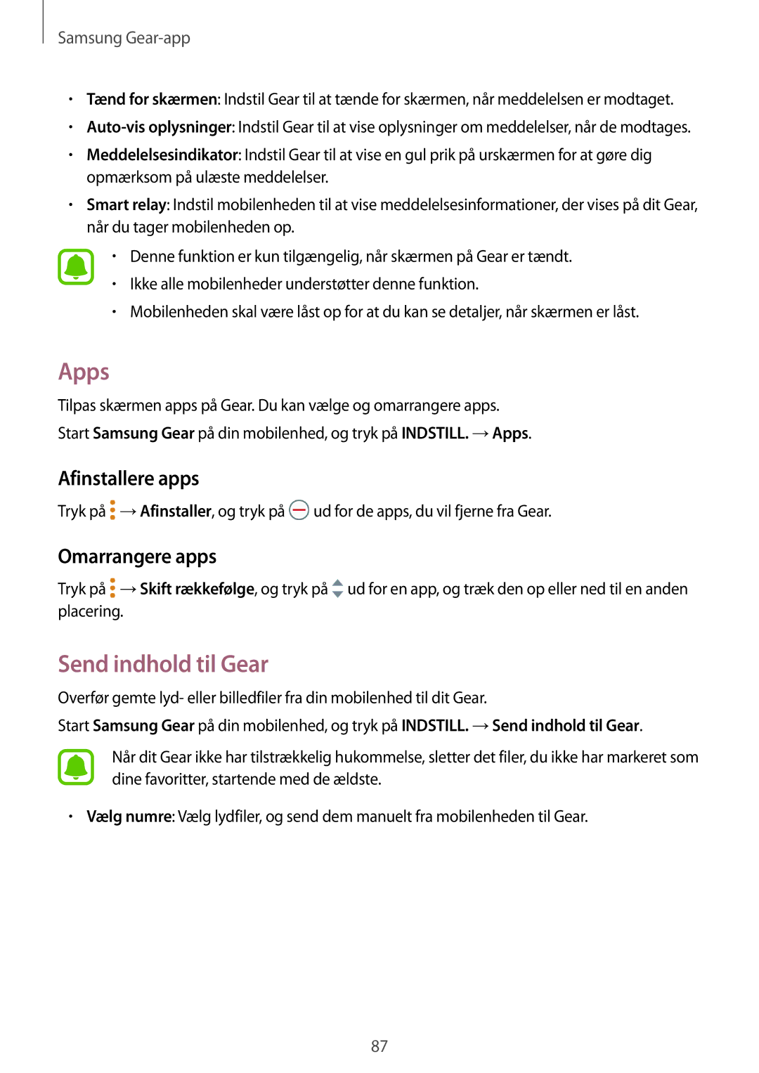 Samsung SM-R770NZSANEE, SM-R760NDAANEE manual Apps, Send indhold til Gear, Afinstallere apps, Omarrangere apps 