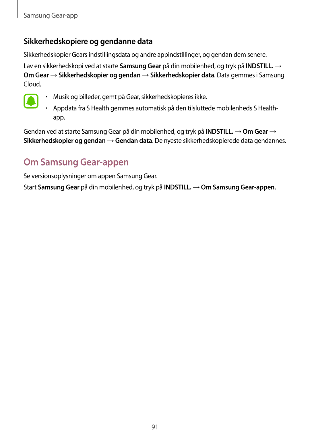 Samsung SM-R770NZSANEE, SM-R760NDAANEE manual Om Samsung Gear-appen, Sikkerhedskopiere og gendanne data 