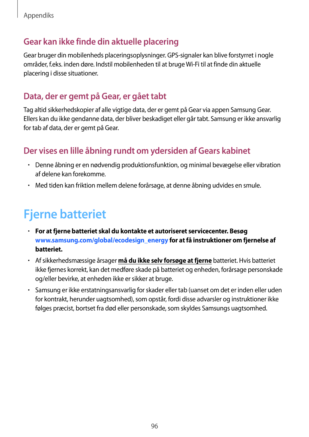 Samsung SM-R760NDAANEE, SM-R770NZSANEE manual Fjerne batteriet, Gear kan ikke finde din aktuelle placering 