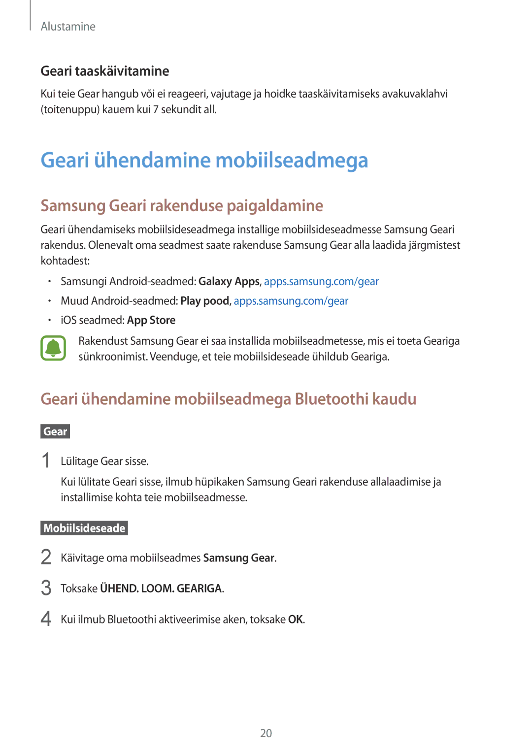 Samsung SM-R760NDAASEB manual Geari ühendamine mobiilseadmega, Samsung Geari rakenduse paigaldamine, Geari taaskäivitamine 