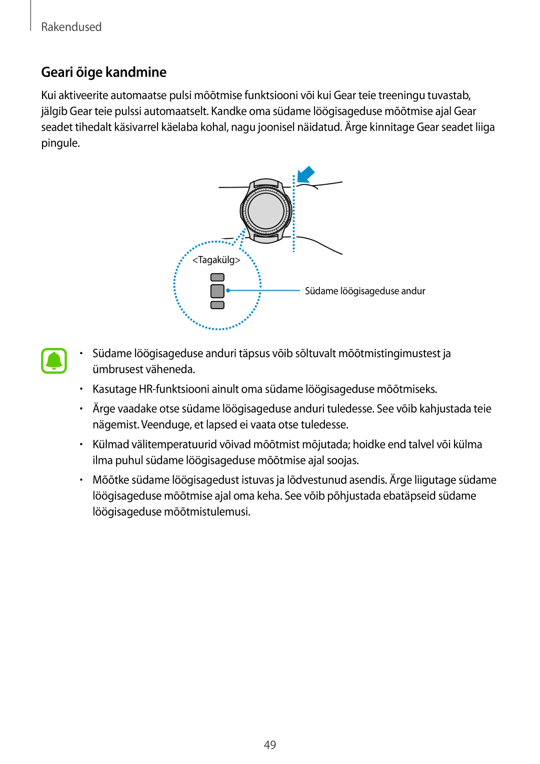 Samsung SM-R770NZSASEB, SM-R760NDAASEB manual Geari õige kandmine 