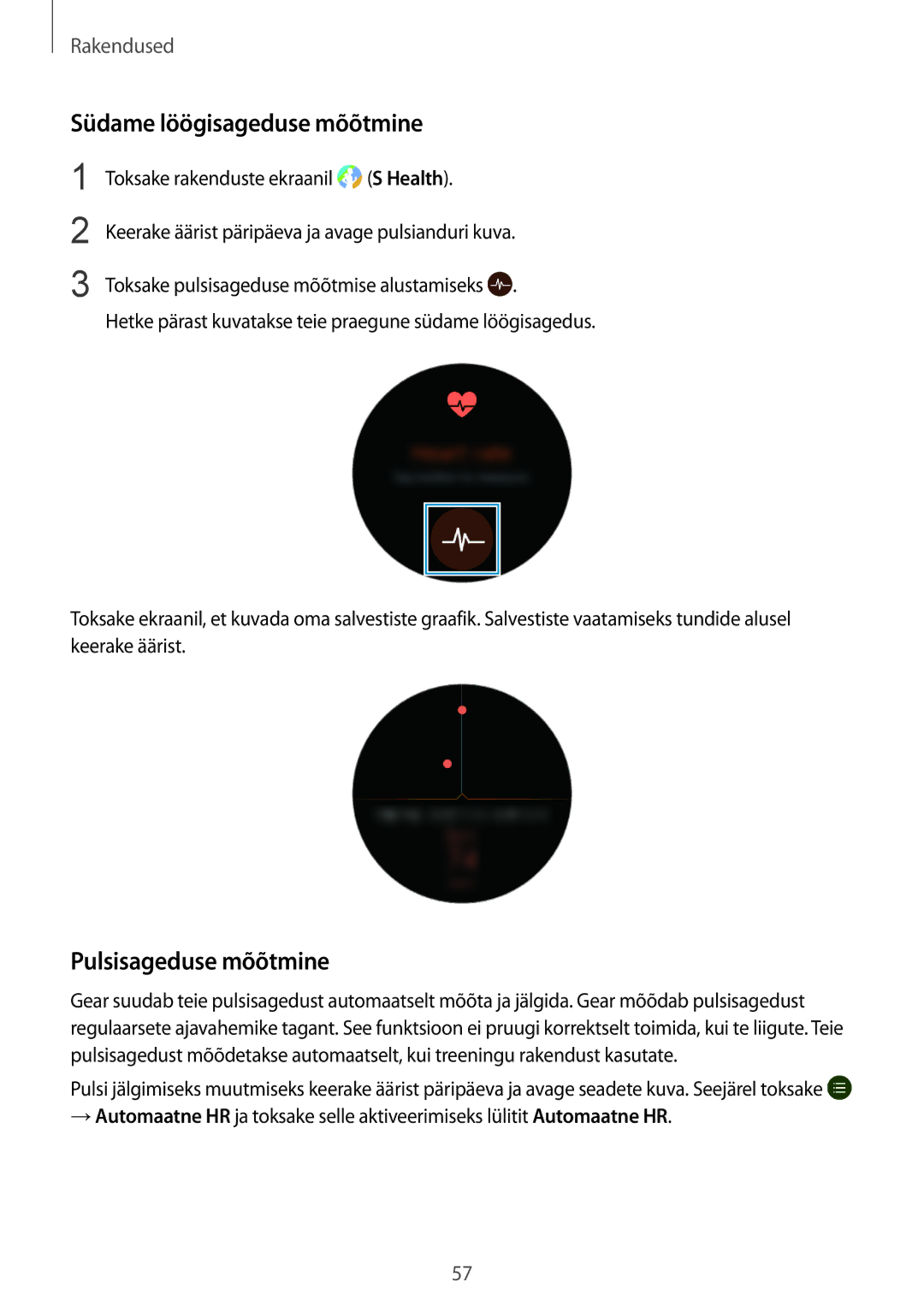 Samsung SM-R770NZSASEB, SM-R760NDAASEB manual Südame löögisageduse mõõtmine, Pulsisageduse mõõtmine 