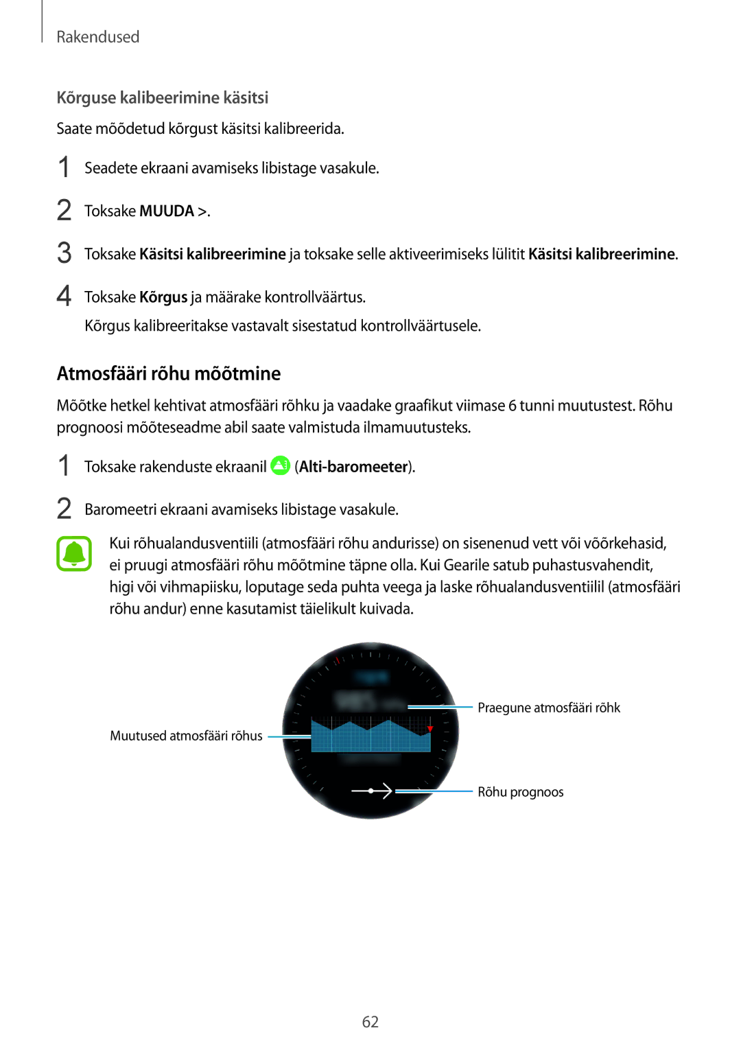 Samsung SM-R760NDAASEB, SM-R770NZSASEB manual Atmosfääri rõhu mõõtmine, Kõrguse kalibeerimine käsitsi 