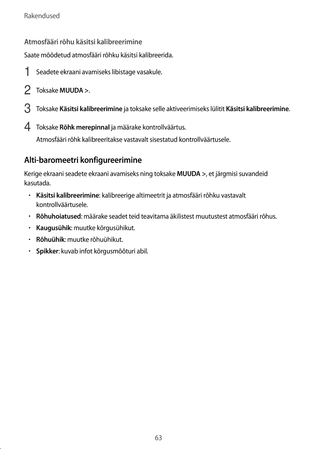 Samsung SM-R770NZSASEB, SM-R760NDAASEB manual Alti-baromeetri konfigureerimine, Atmosfääri rõhu käsitsi kalibreerimine 