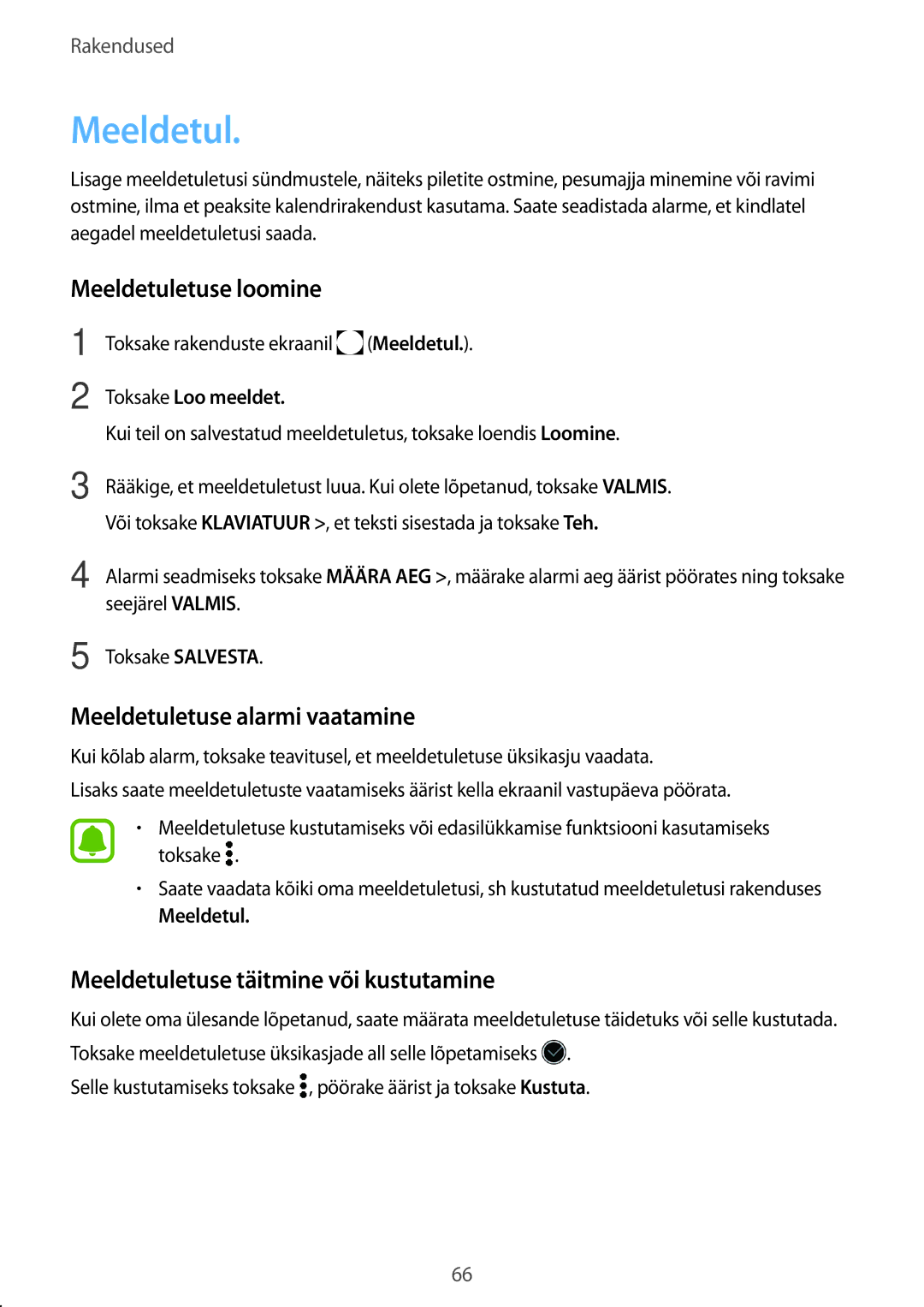 Samsung SM-R760NDAASEB, SM-R770NZSASEB manual Meeldetuletuse loomine, Meeldetuletuse alarmi vaatamine 