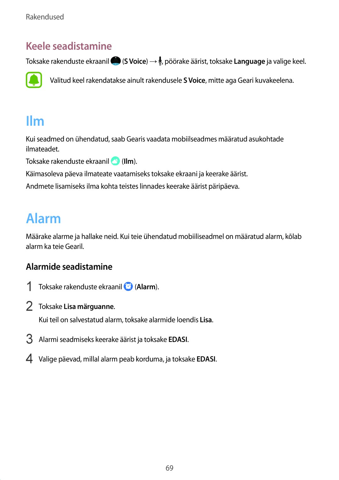 Samsung SM-R770NZSASEB, SM-R760NDAASEB manual Ilm, Keele seadistamine, Alarmide seadistamine, Toksake Lisa märguanne 