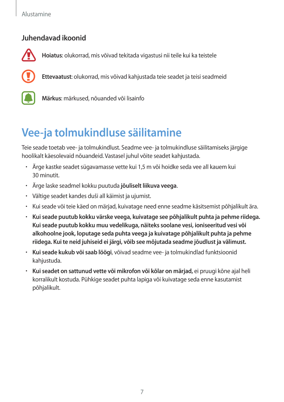 Samsung SM-R770NZSASEB, SM-R760NDAASEB manual Vee-ja tolmukindluse säilitamine, Juhendavad ikoonid 