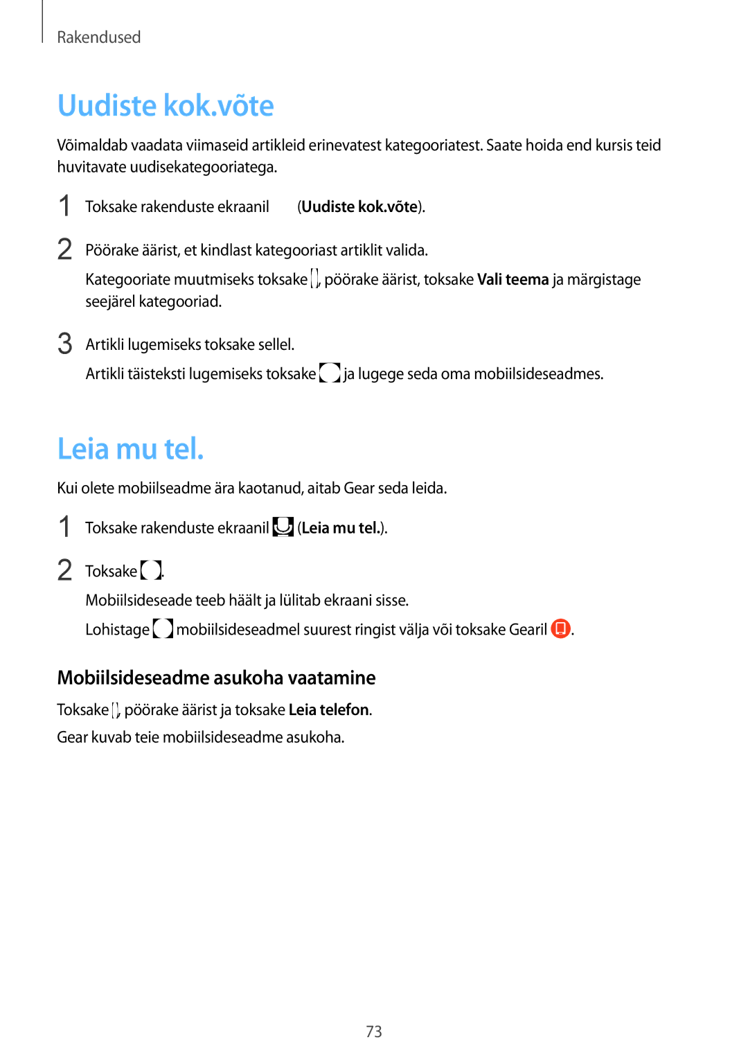 Samsung SM-R770NZSASEB, SM-R760NDAASEB manual Uudiste kok.võte, Leia mu tel, Mobiilsideseadme asukoha vaatamine 