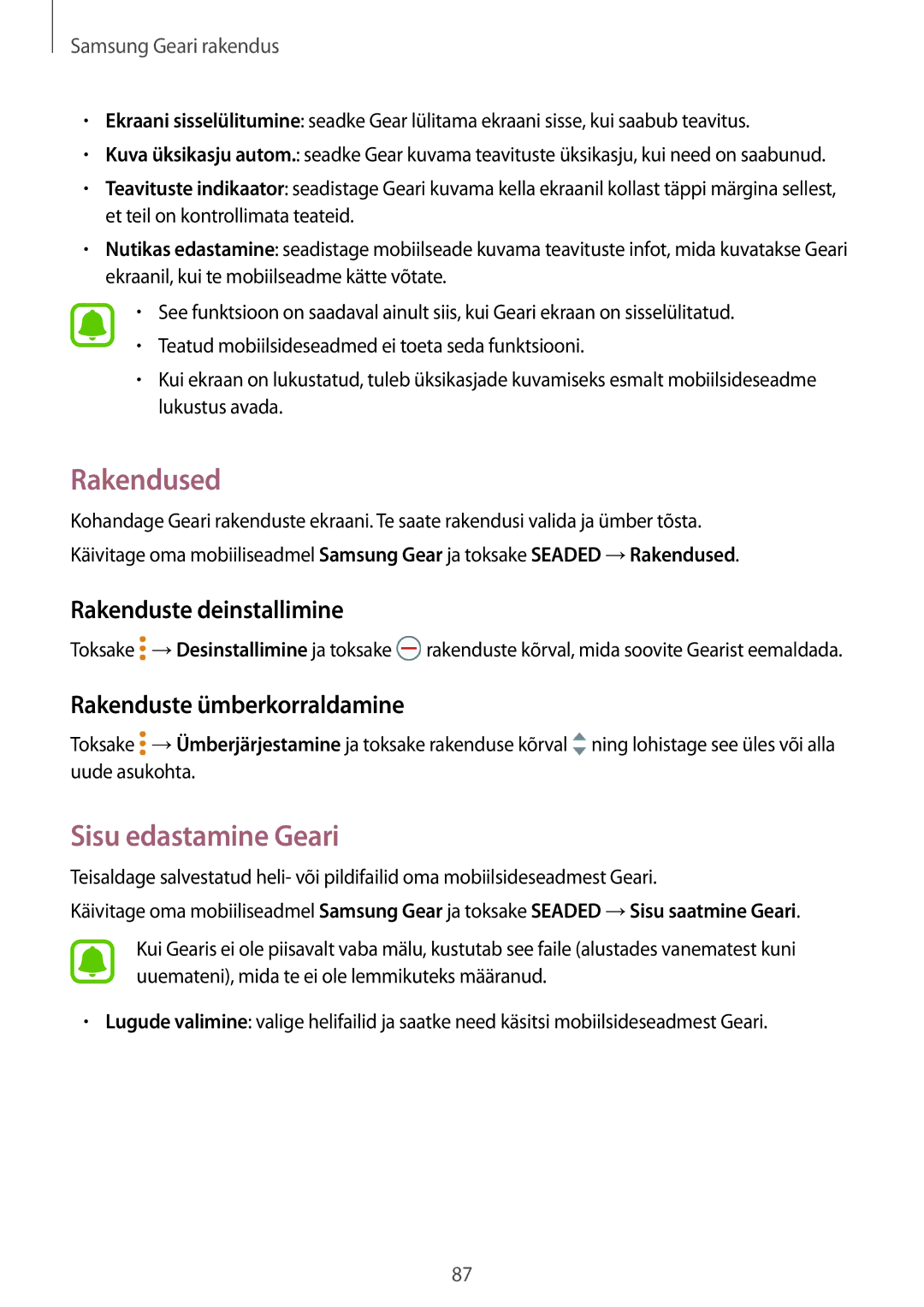 Samsung SM-R770NZSASEB manual Rakendused, Sisu edastamine Geari, Rakenduste deinstallimine, Rakenduste ümberkorraldamine 