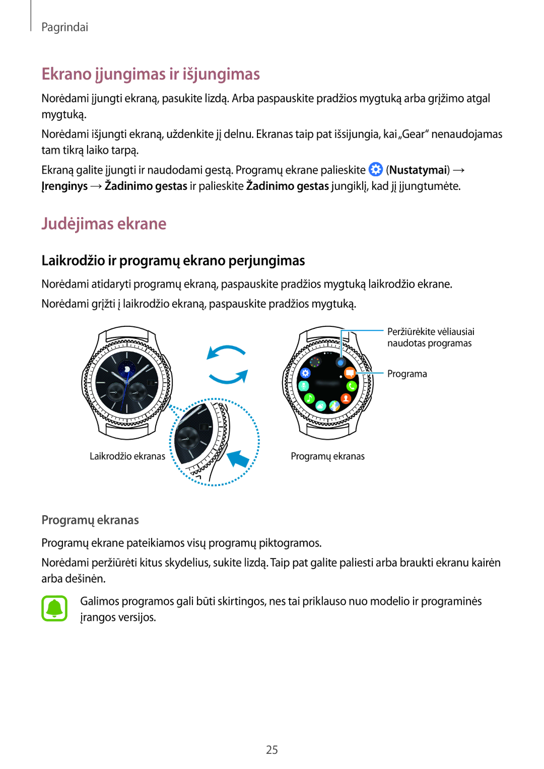 Samsung SM-R770NZSASEB manual Ekrano įjungimas ir išjungimas, Judėjimas ekrane, Laikrodžio ir programų ekrano perjungimas 