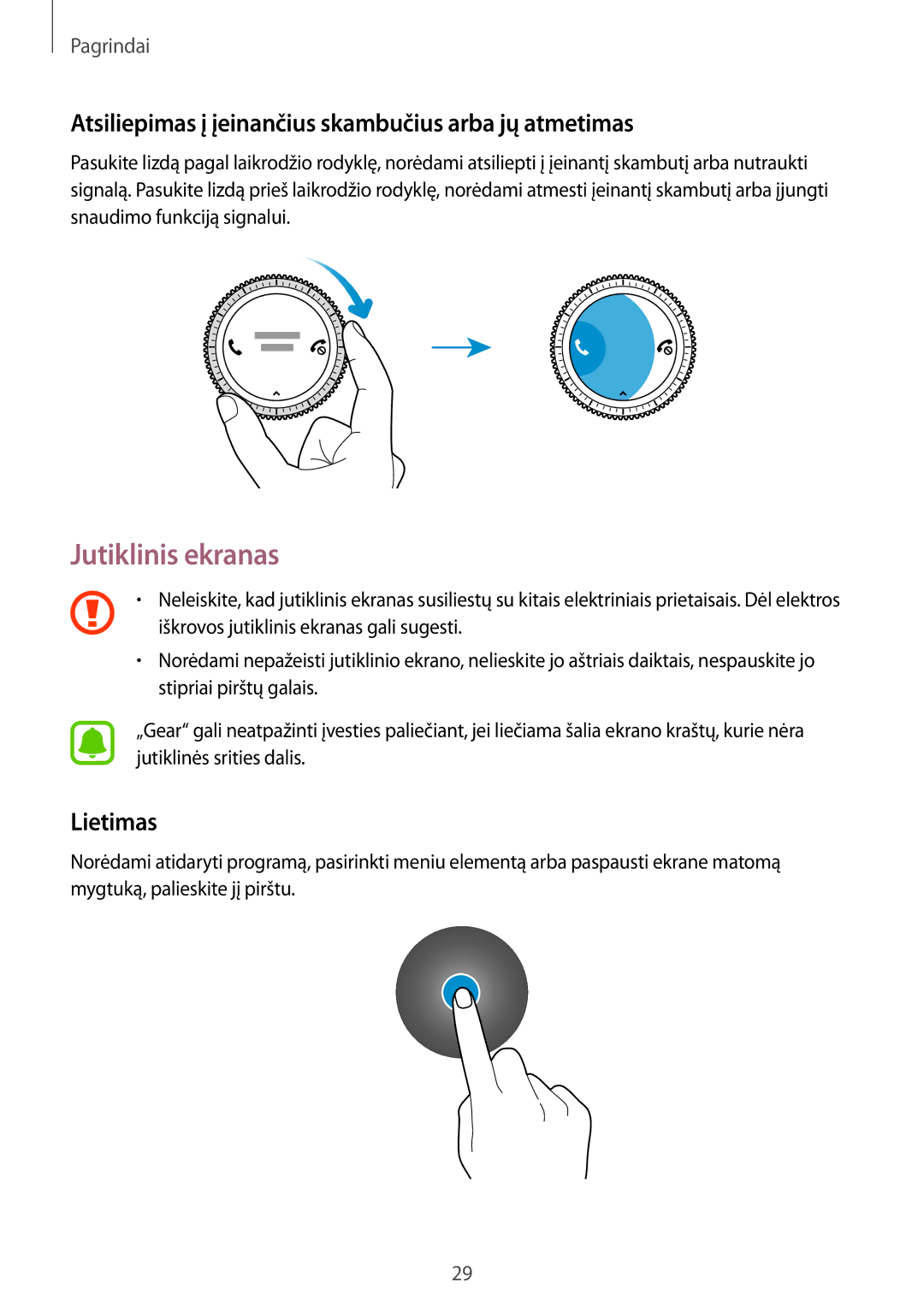 Samsung SM-R770NZSASEB manual Jutiklinis ekranas, Atsiliepimas į įeinančius skambučius arba jų atmetimas, Lietimas 