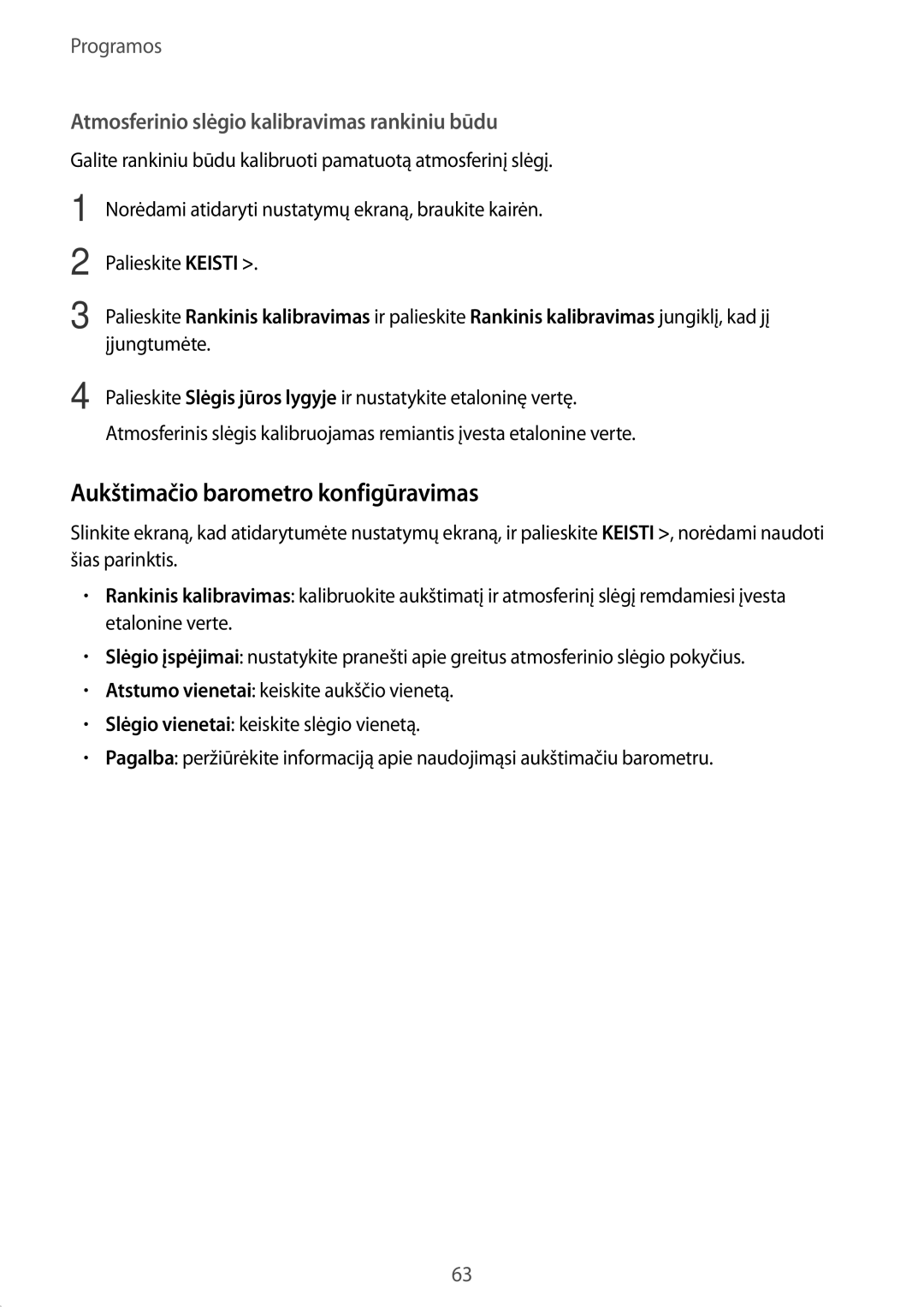 Samsung SM-R770NZSASEB manual Aukštimačio barometro konfigūravimas, Atmosferinio slėgio kalibravimas rankiniu būdu 