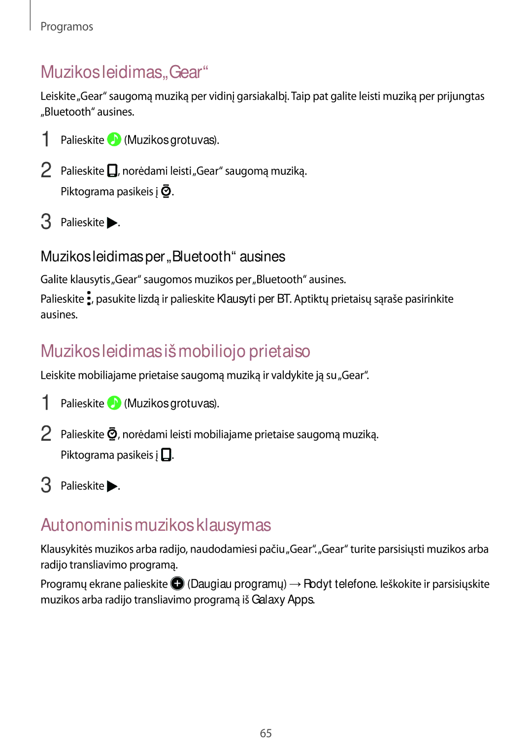 Samsung SM-R770NZSASEB manual Muzikos leidimas„Gear, Muzikos leidimas iš mobiliojo prietaiso, Autonominis muzikos klausymas 