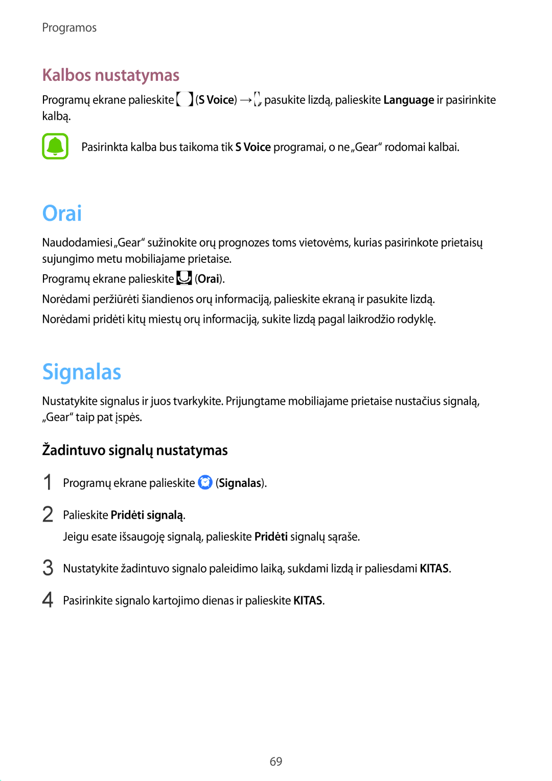 Samsung SM-R770NZSASEB manual Orai, Signalas, Kalbos nustatymas, Žadintuvo signalų nustatymas, Palieskite Pridėti signalą 