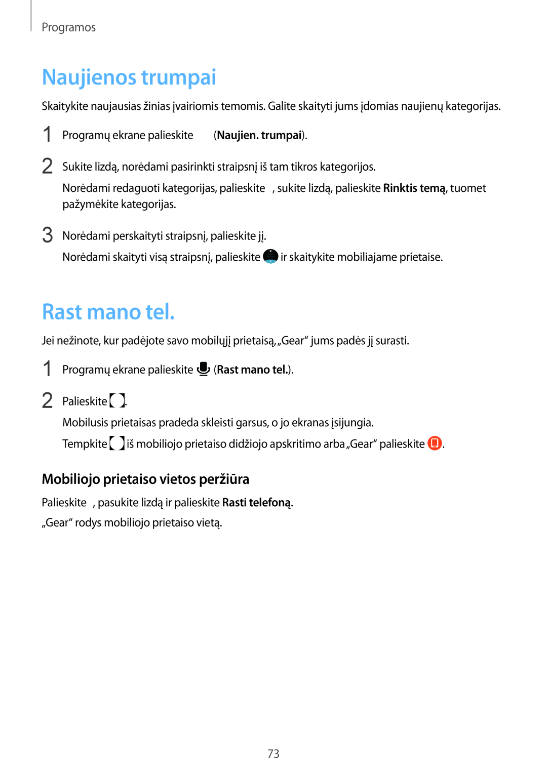 Samsung SM-R770NZSASEB, SM-R760NDAASEB manual Naujienos trumpai, Rast mano tel, Mobiliojo prietaiso vietos peržiūra 