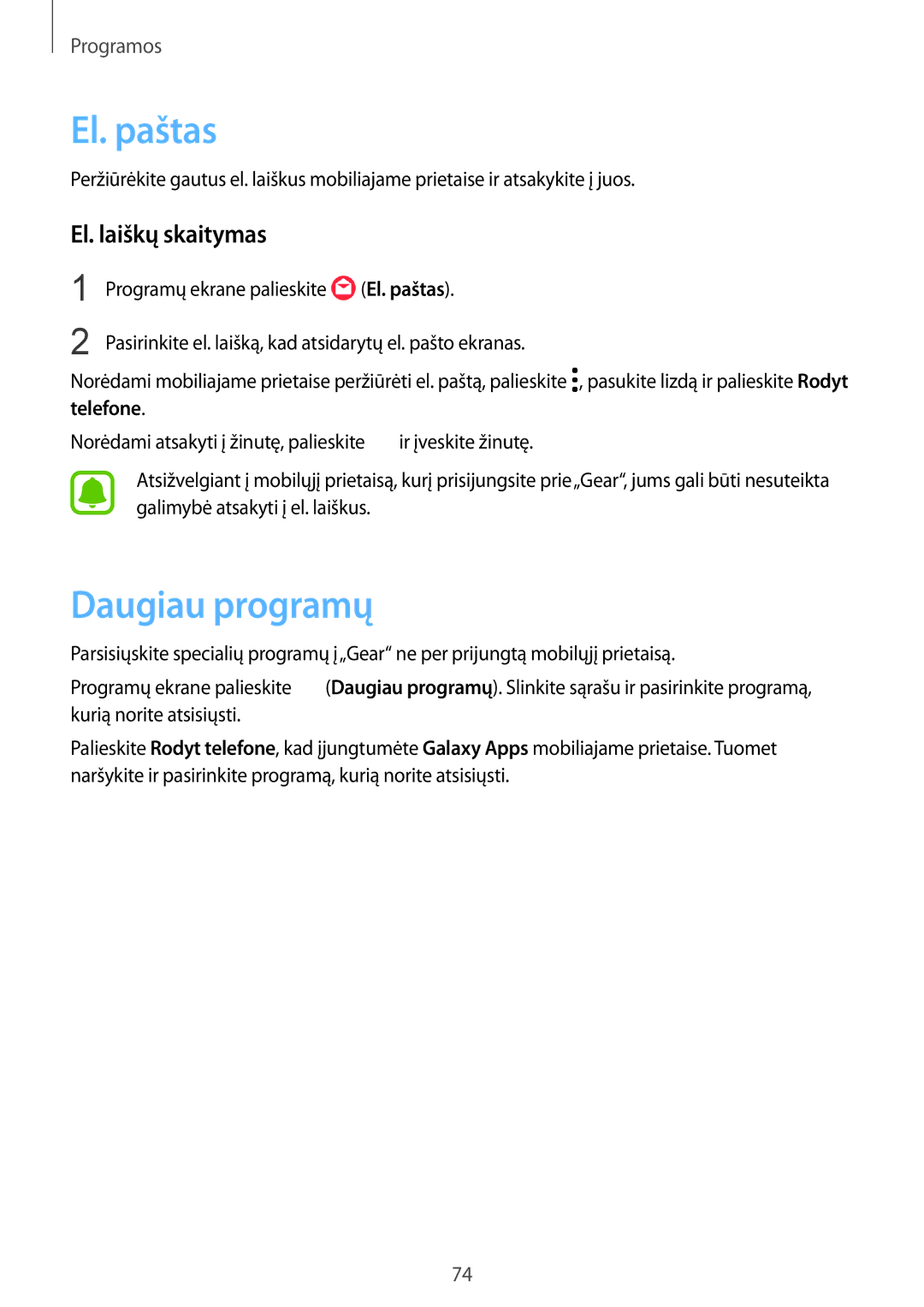 Samsung SM-R760NDAASEB, SM-R770NZSASEB manual El. paštas, Daugiau programų, El. laiškų skaitymas 