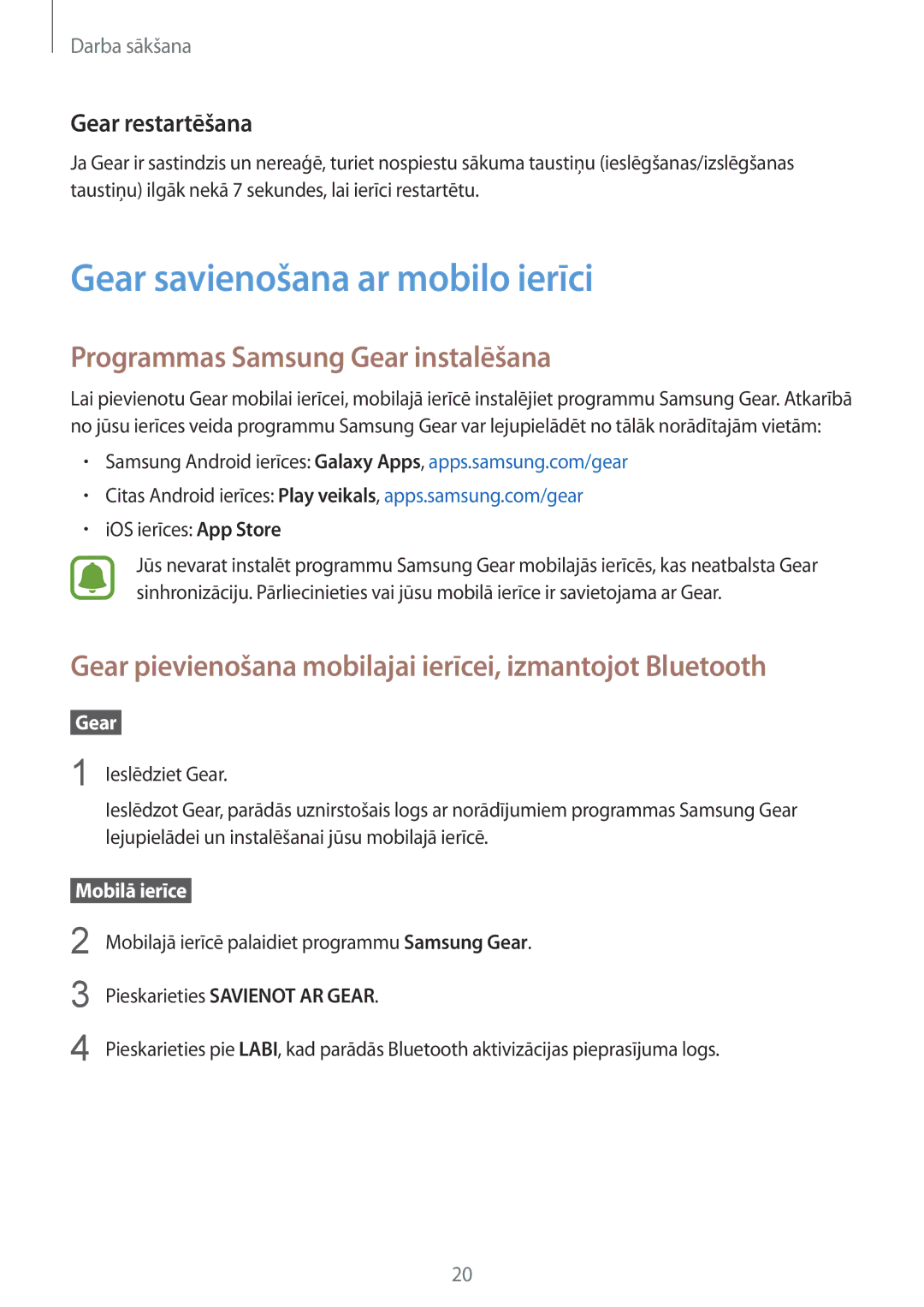 Samsung SM-R760NDAASEB manual Gear savienošana ar mobilo ierīci, Programmas Samsung Gear instalēšana, Gear restartēšana 