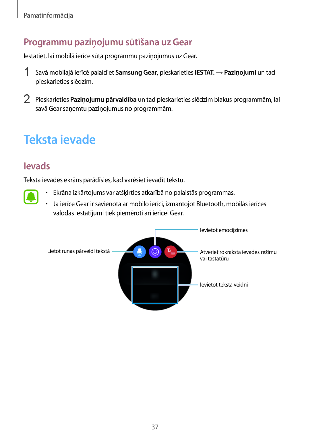 Samsung SM-R770NZSASEB, SM-R760NDAASEB manual Teksta ievade, Programmu paziņojumu sūtīšana uz Gear, Ievads 