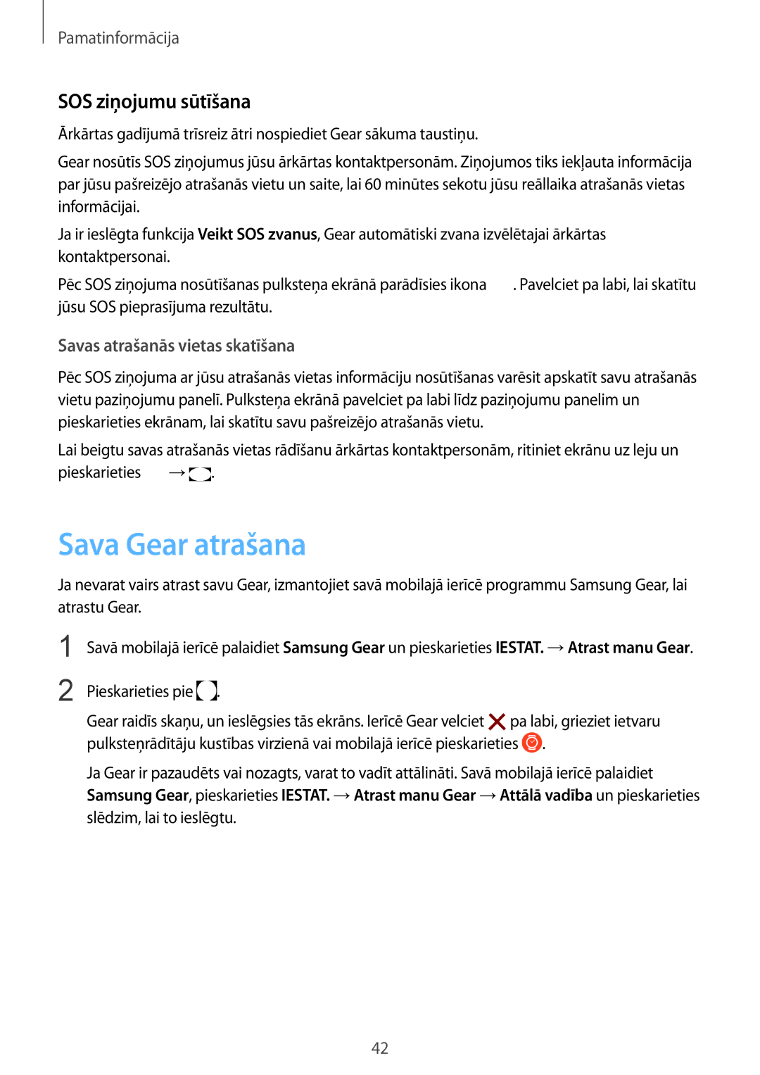 Samsung SM-R760NDAASEB, SM-R770NZSASEB manual Sava Gear atrašana, SOS ziņojumu sūtīšana 