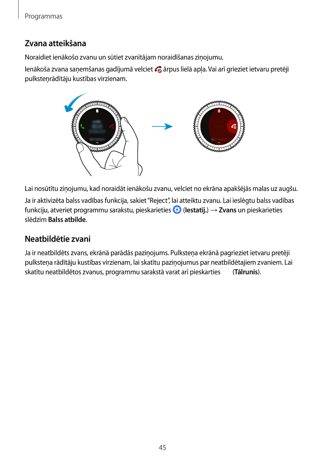 Samsung SM-R770NZSASEB, SM-R760NDAASEB manual Zvana atteikšana, Neatbildētie zvani 