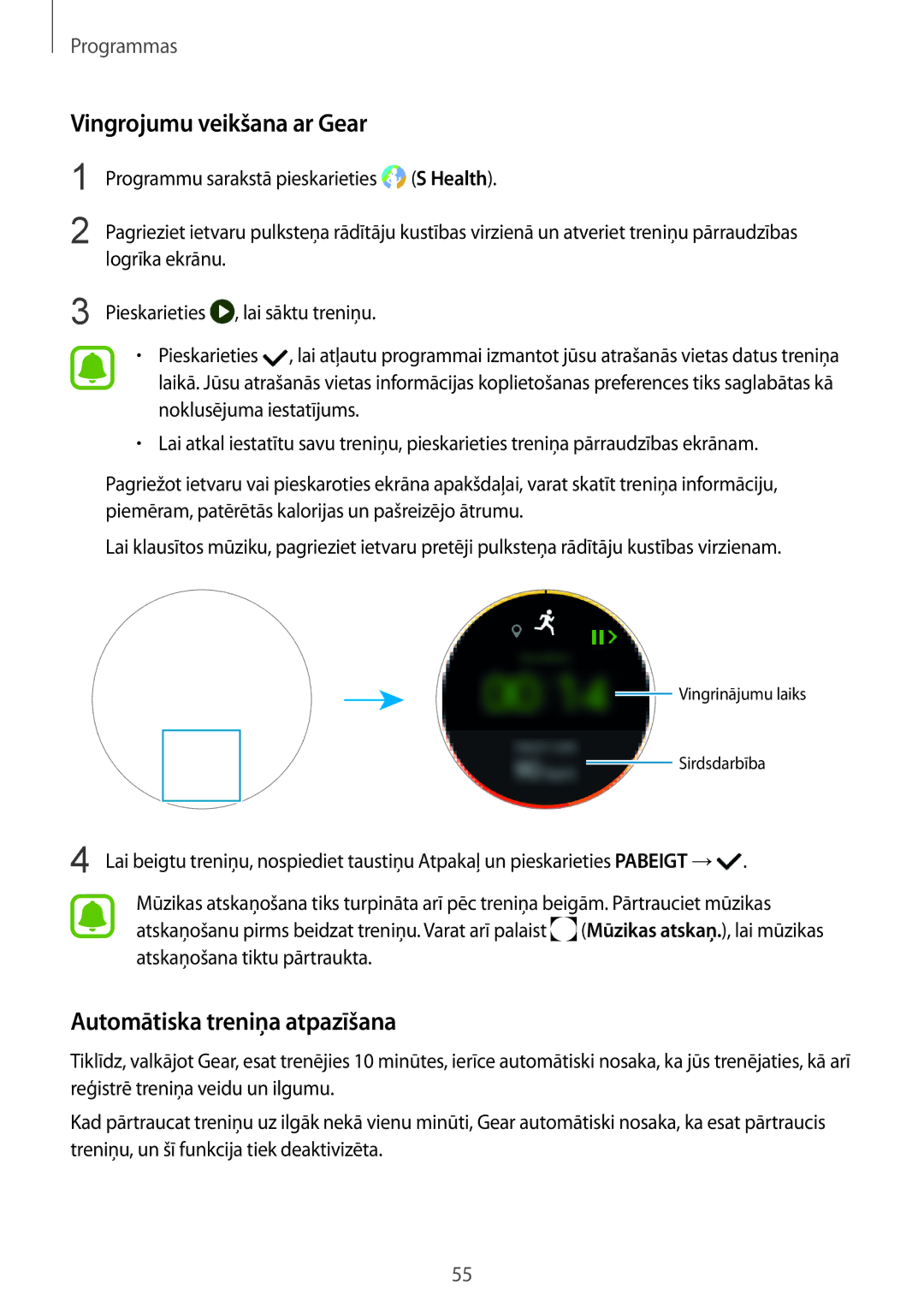 Samsung SM-R770NZSASEB, SM-R760NDAASEB manual Vingrojumu veikšana ar Gear, Automātiska treniņa atpazīšana 