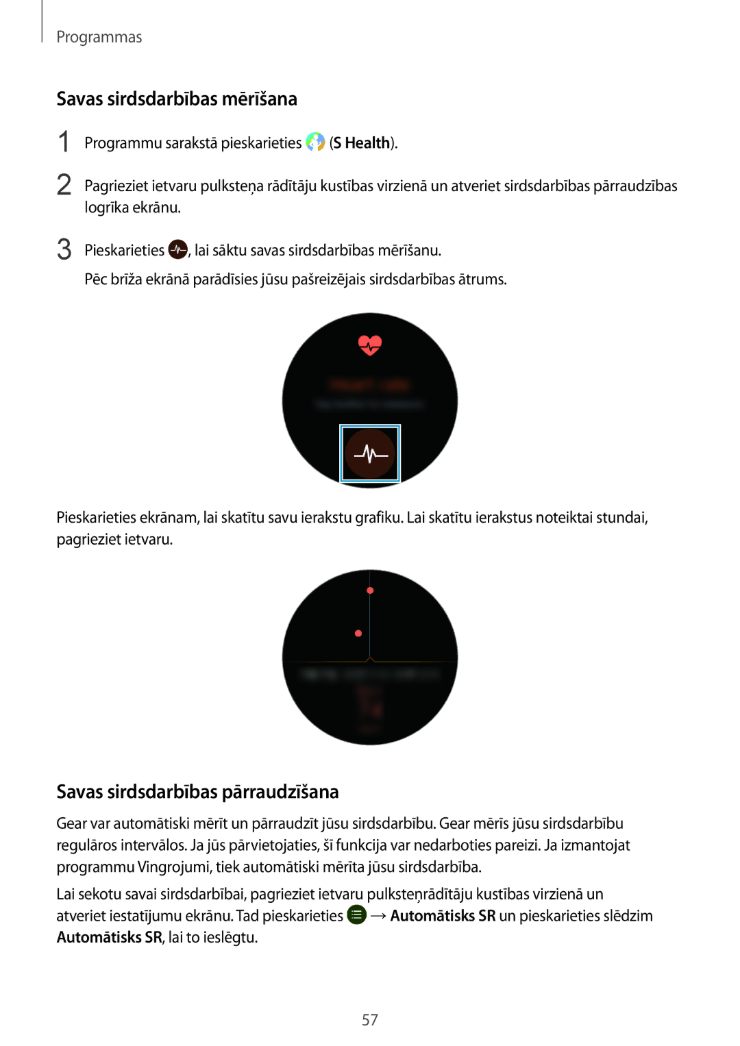Samsung SM-R770NZSASEB, SM-R760NDAASEB manual Savas sirdsdarbības mērīšana, Savas sirdsdarbības pārraudzīšana 