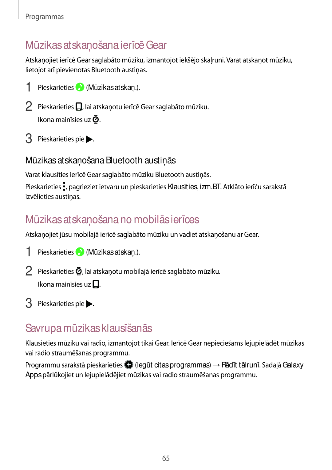 Samsung SM-R770NZSASEB, SM-R760NDAASEB manual Mūzikas atskaņošana ierīcē Gear, Mūzikas atskaņošana no mobilās ierīces 