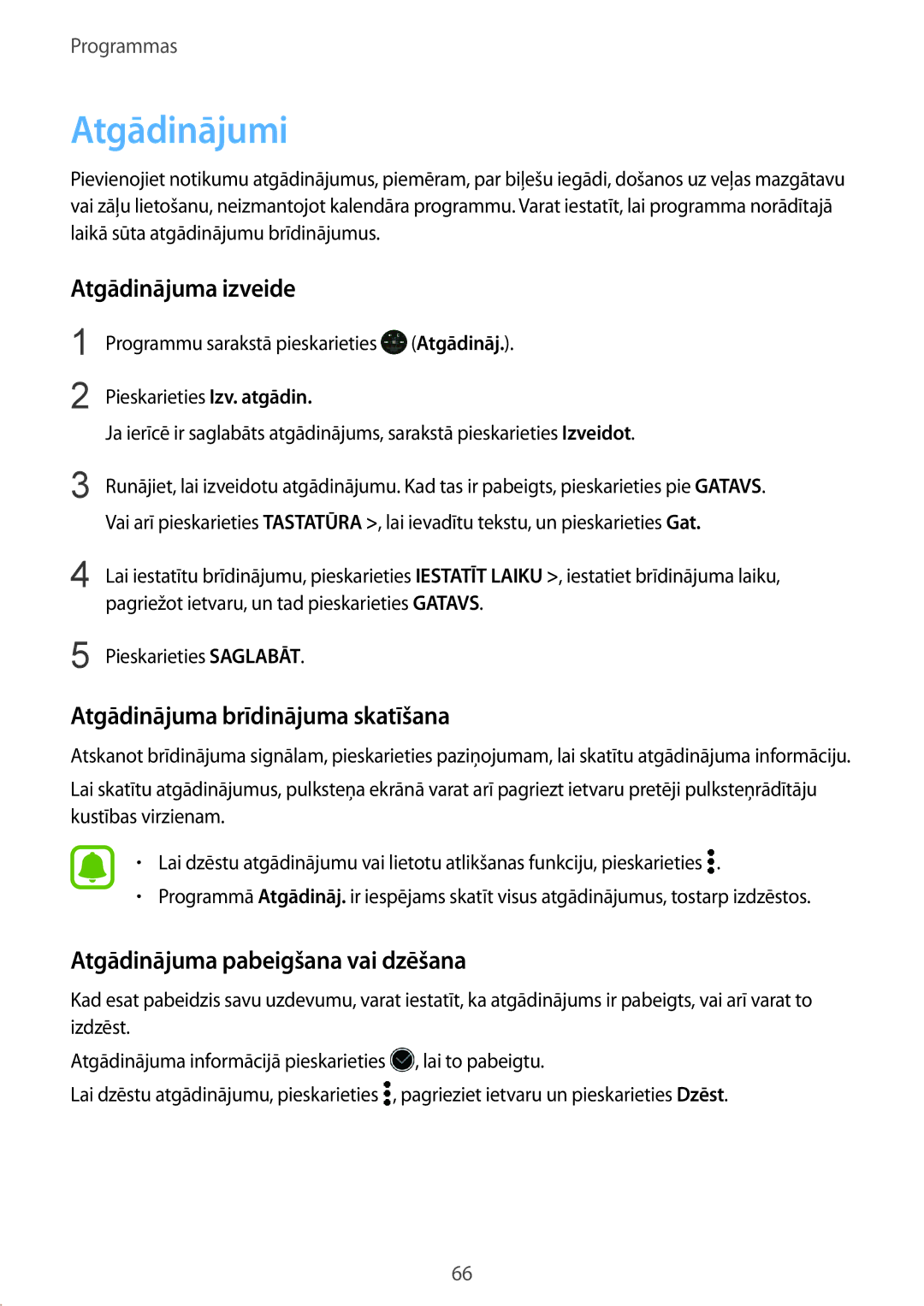 Samsung SM-R760NDAASEB, SM-R770NZSASEB manual Atgādinājumi, Atgādinājuma izveide, Atgādinājuma brīdinājuma skatīšana 