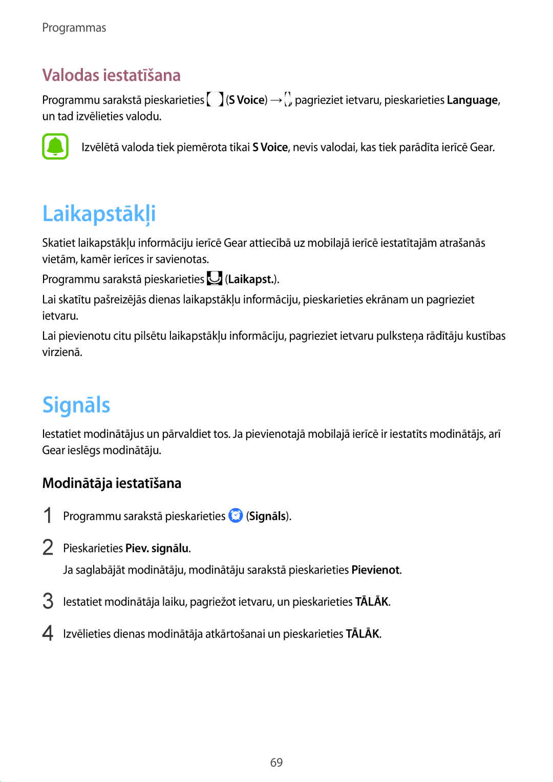 Samsung SM-R770NZSASEB, SM-R760NDAASEB manual Laikapstākļi, Signāls, Valodas iestatīšana, Modinātāja iestatīšana 