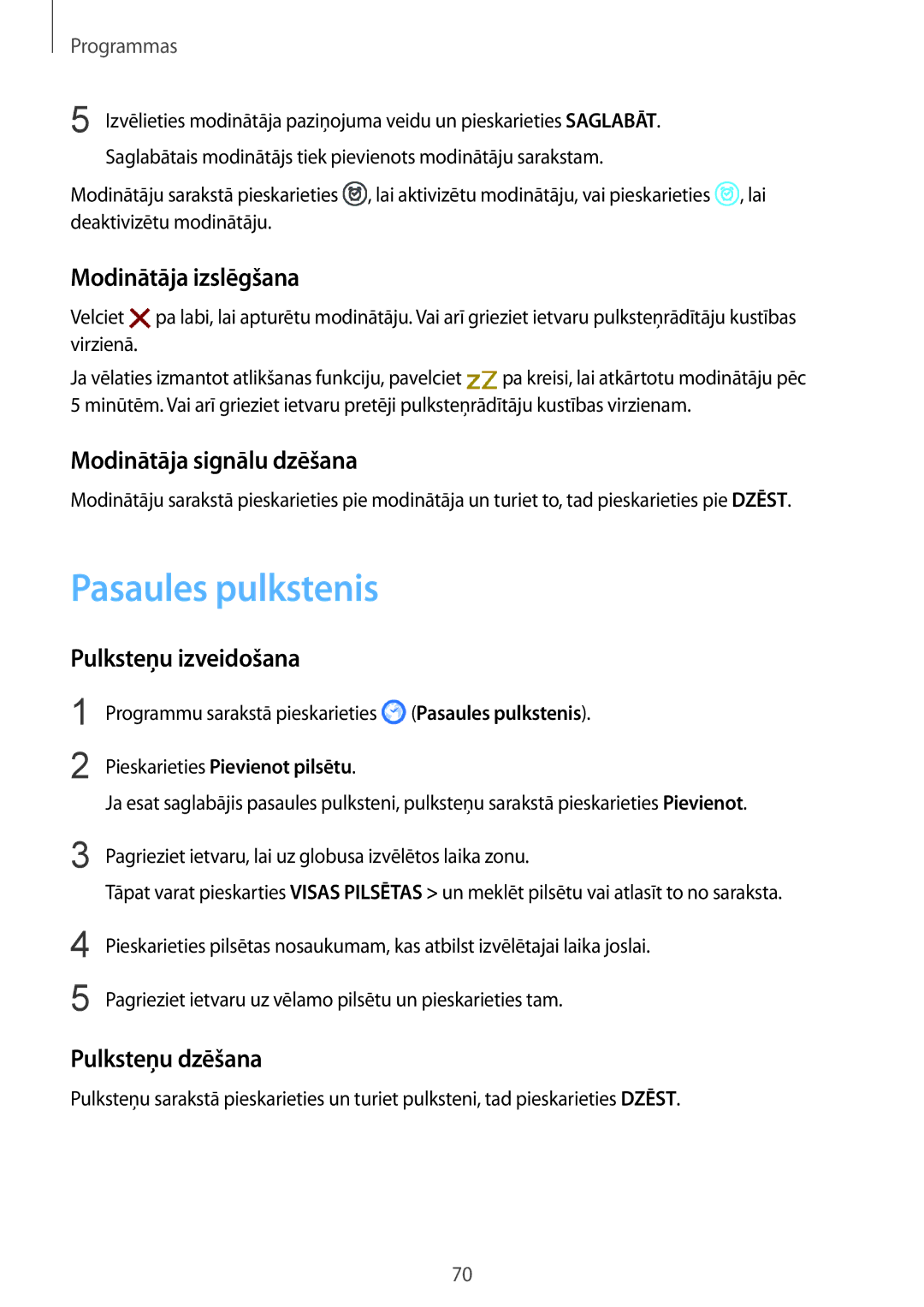 Samsung SM-R760NDAASEB manual Pasaules pulkstenis, Modinātāja izslēgšana, Modinātāja signālu dzēšana, Pulksteņu izveidošana 