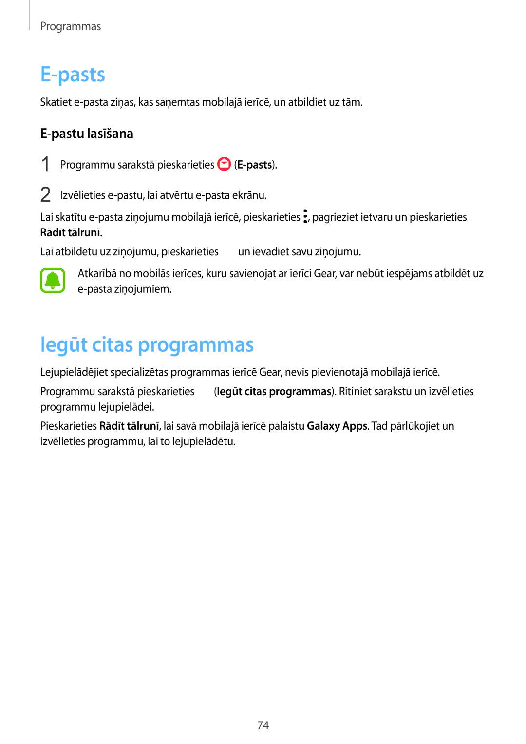 Samsung SM-R760NDAASEB, SM-R770NZSASEB manual Pasts, Iegūt citas programmas, Pastu lasīšana 