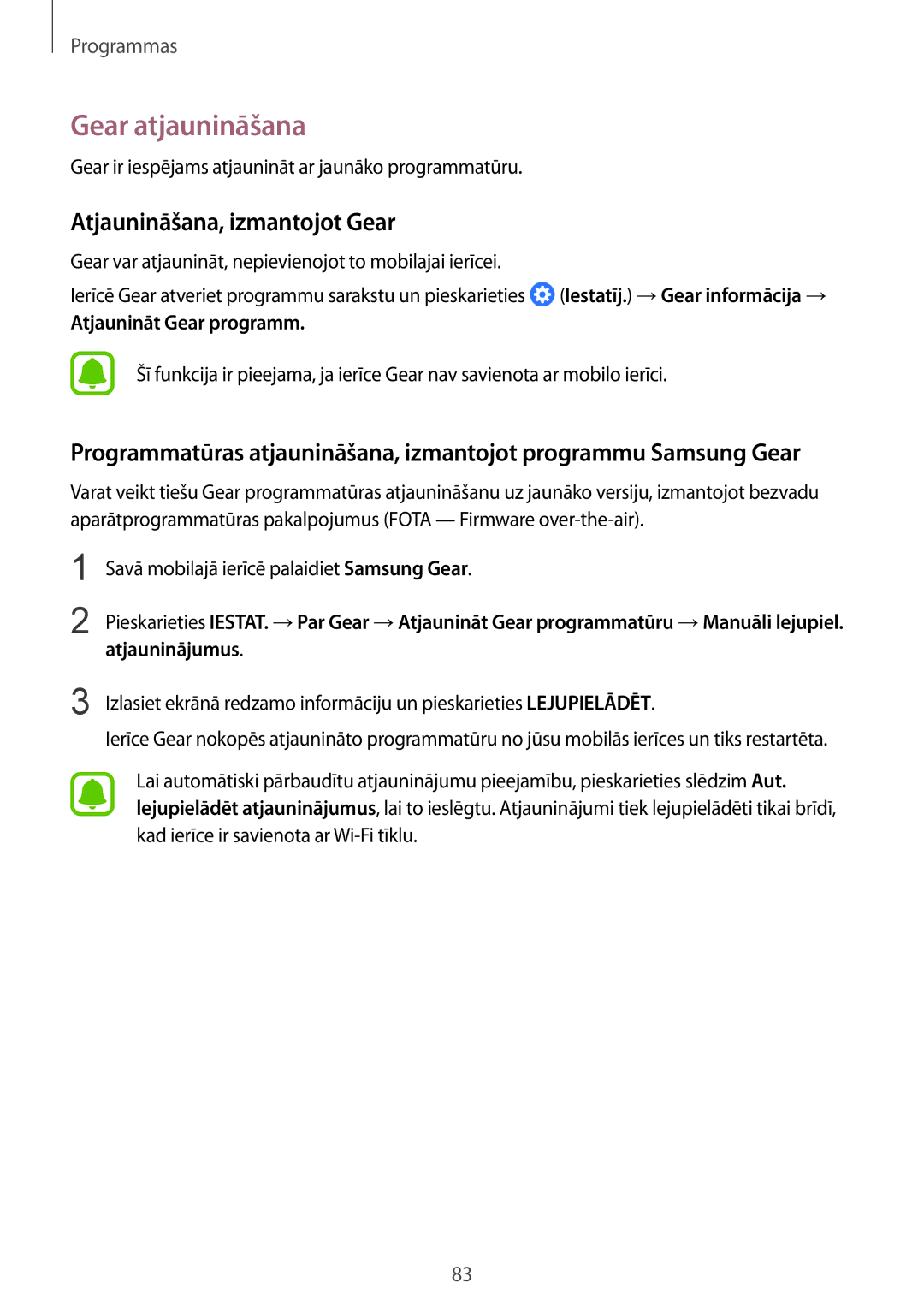 Samsung SM-R770NZSASEB, SM-R760NDAASEB manual Gear atjaunināšana, Atjaunināšana, izmantojot Gear, Atjaunināt Gear programm 