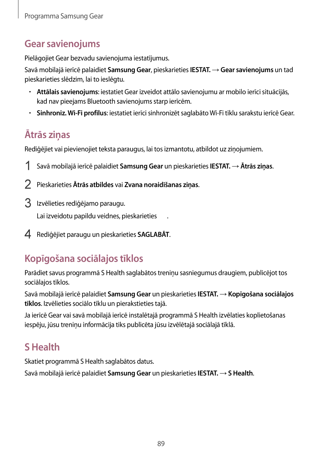 Samsung SM-R770NZSASEB, SM-R760NDAASEB manual Gear savienojums, Ātrās ziņas, Kopīgošana sociālajos tīklos, Health 