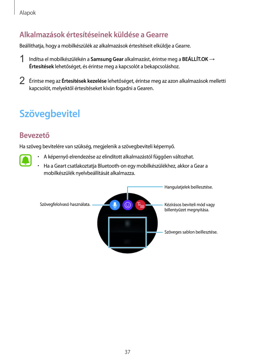 Samsung SM-R770NZSAXEH, SM-R760NDAAXEH manual Szövegbevitel, Alkalmazások értesítéseinek küldése a Gearre, Bevezető 