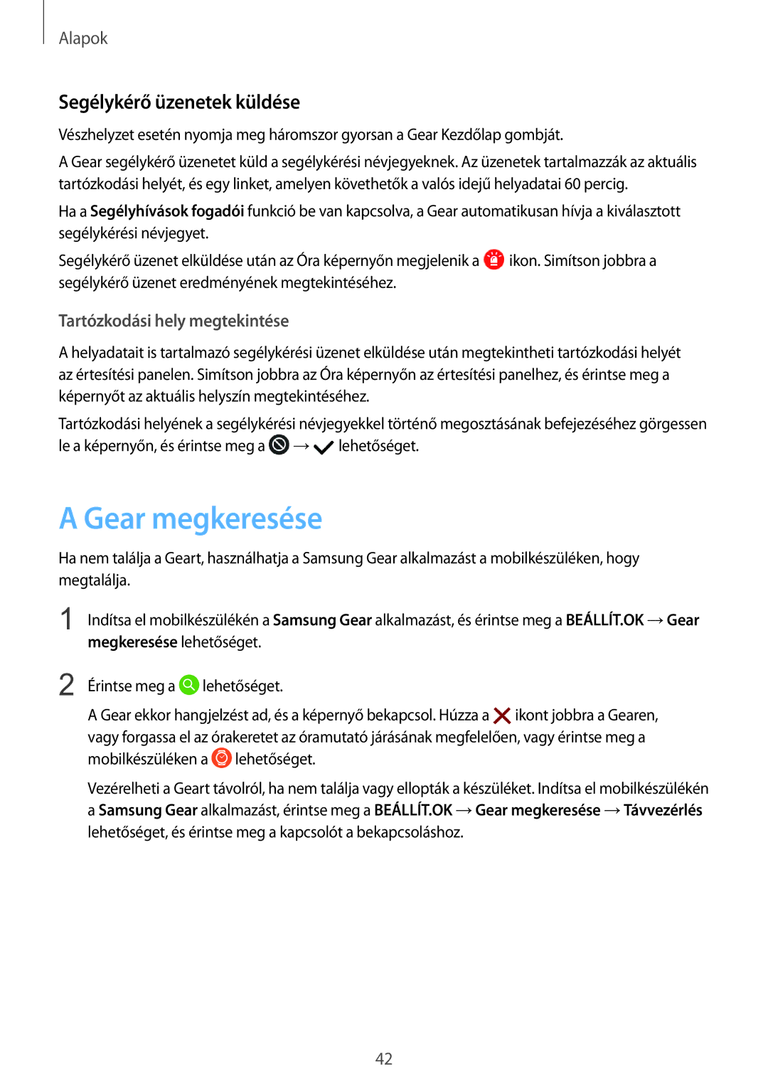 Samsung SM-R760NDAAXEH, SM-R770NZSAXEH manual Gear megkeresése, Segélykérő üzenetek küldése 