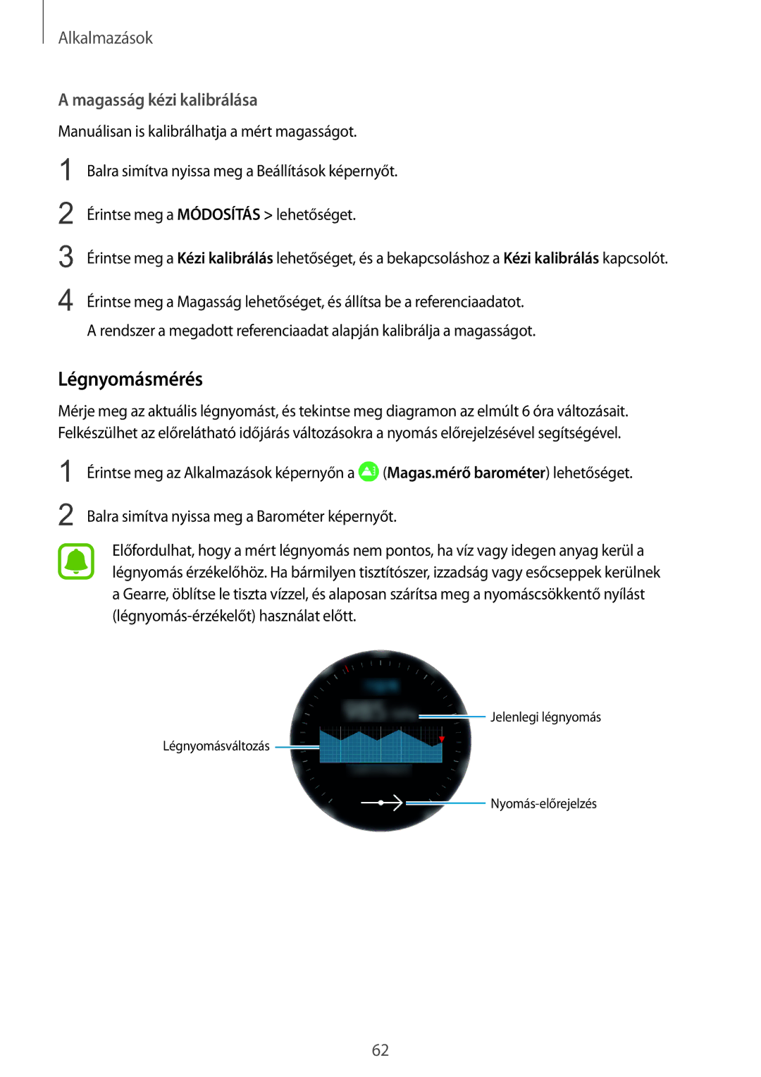 Samsung SM-R760NDAAXEH, SM-R770NZSAXEH manual Légnyomásmérés, Magasság kézi kalibrálása 