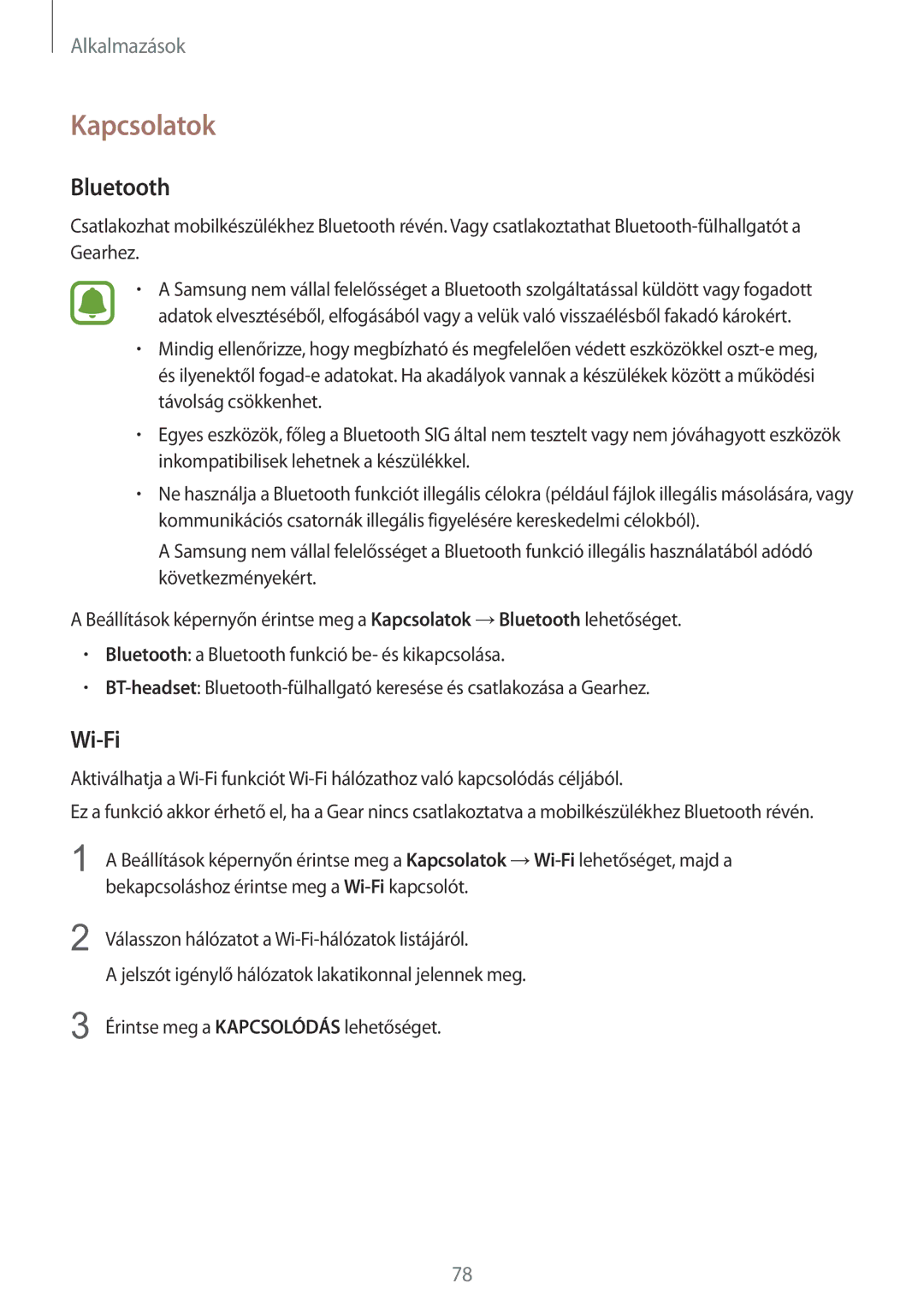 Samsung SM-R760NDAAXEH, SM-R770NZSAXEH manual Kapcsolatok, Bluetooth, Wi-Fi 