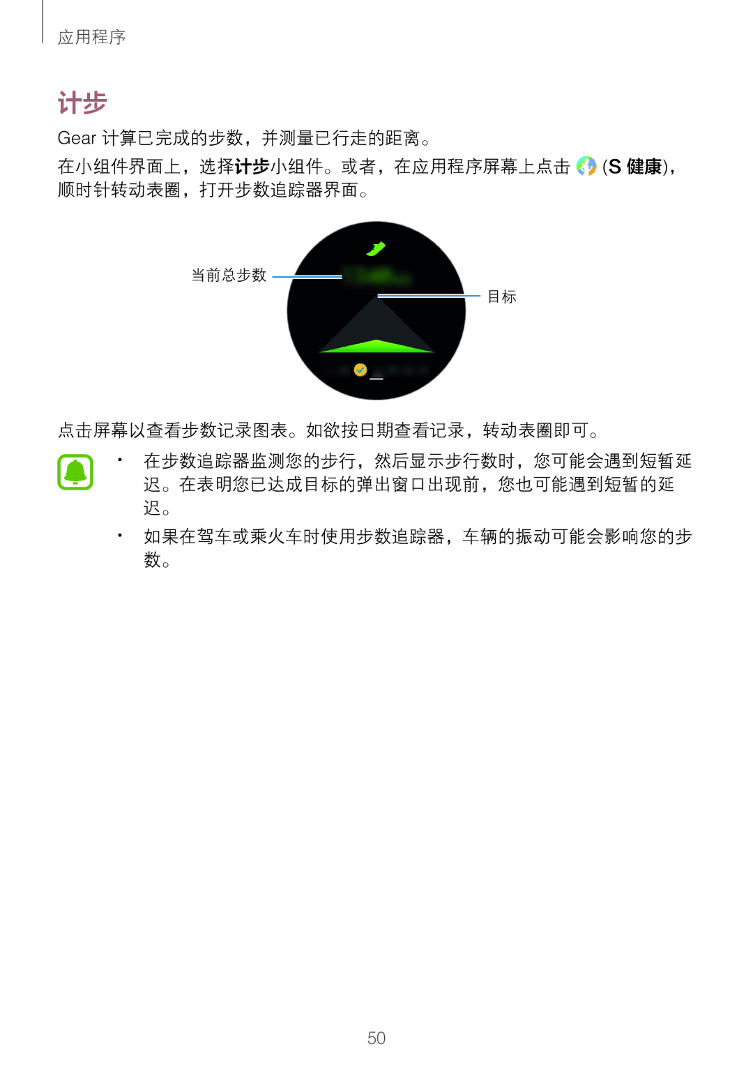 Samsung SM-R760NDAAXXV manual 点击屏幕以查看步数记录图表。如欲按日期查看记录，转动表圈即可。 