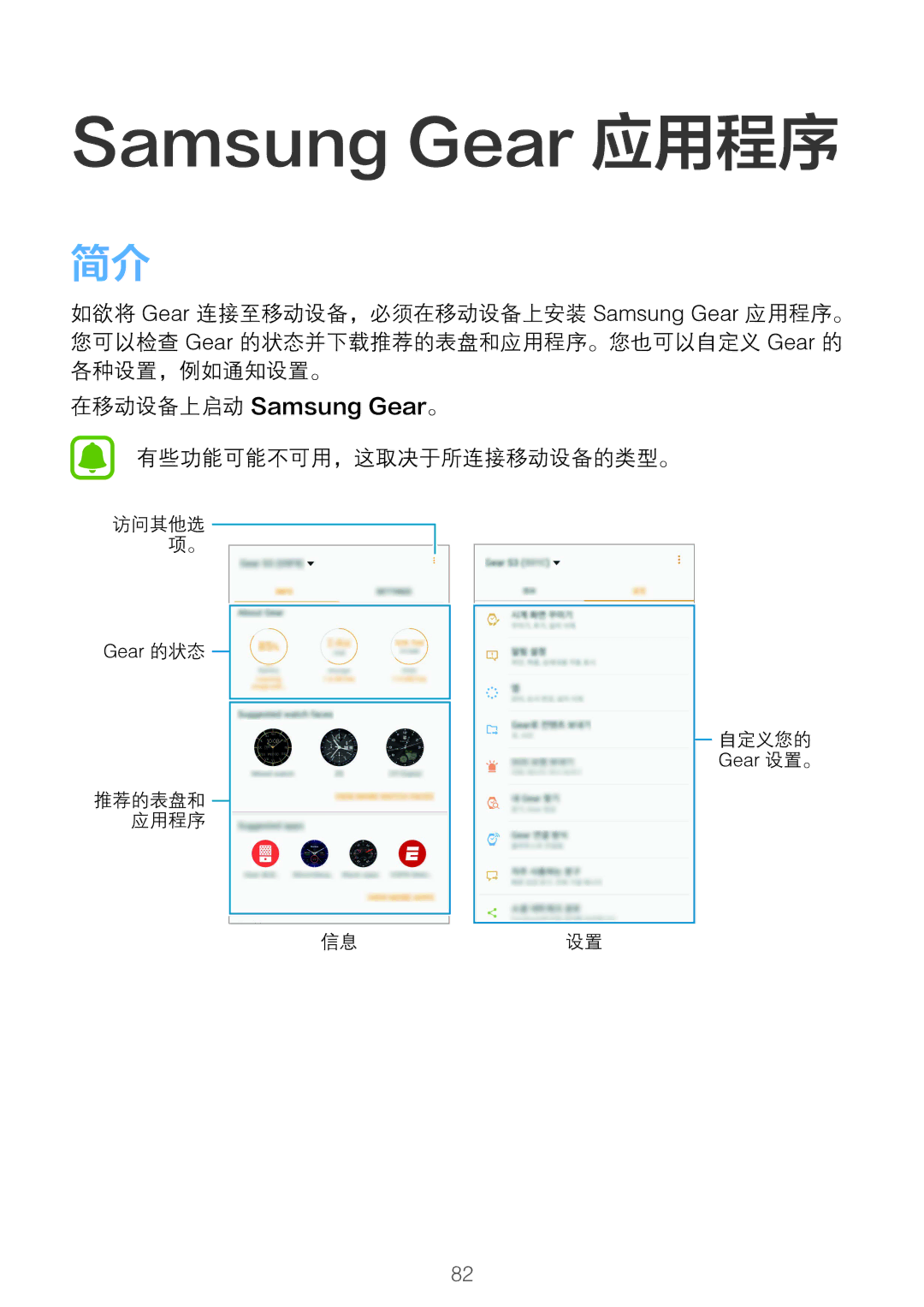 Samsung SM-R760NDAAXXV manual Samsung Gear 应用程序, 有些功能可能不可用，这取决于所连接移动设备的类型。 