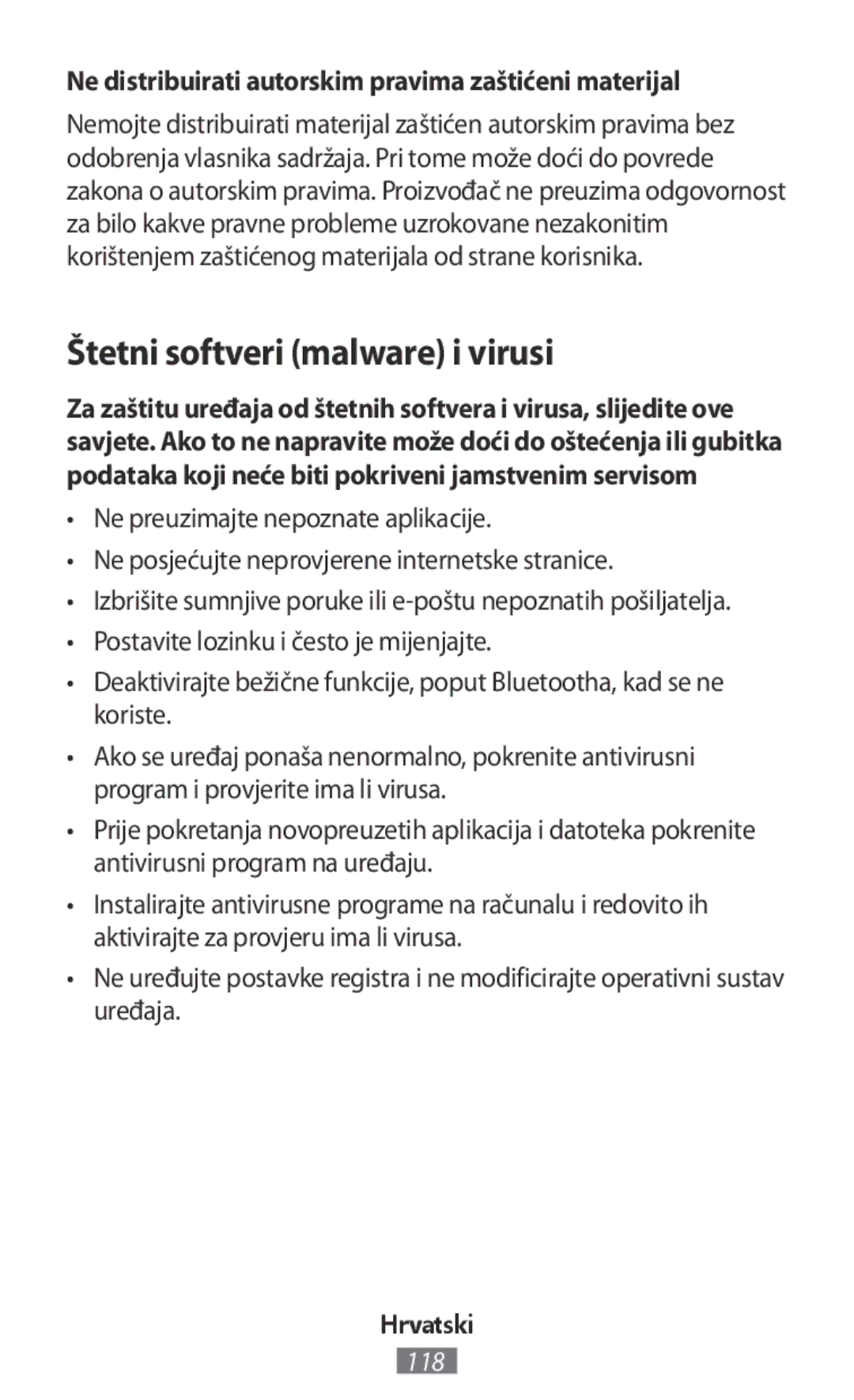 Samsung SM-R770NZSASER manual Štetni softveri malware i virusi, Ne distribuirati autorskim pravima zaštićeni materijal 