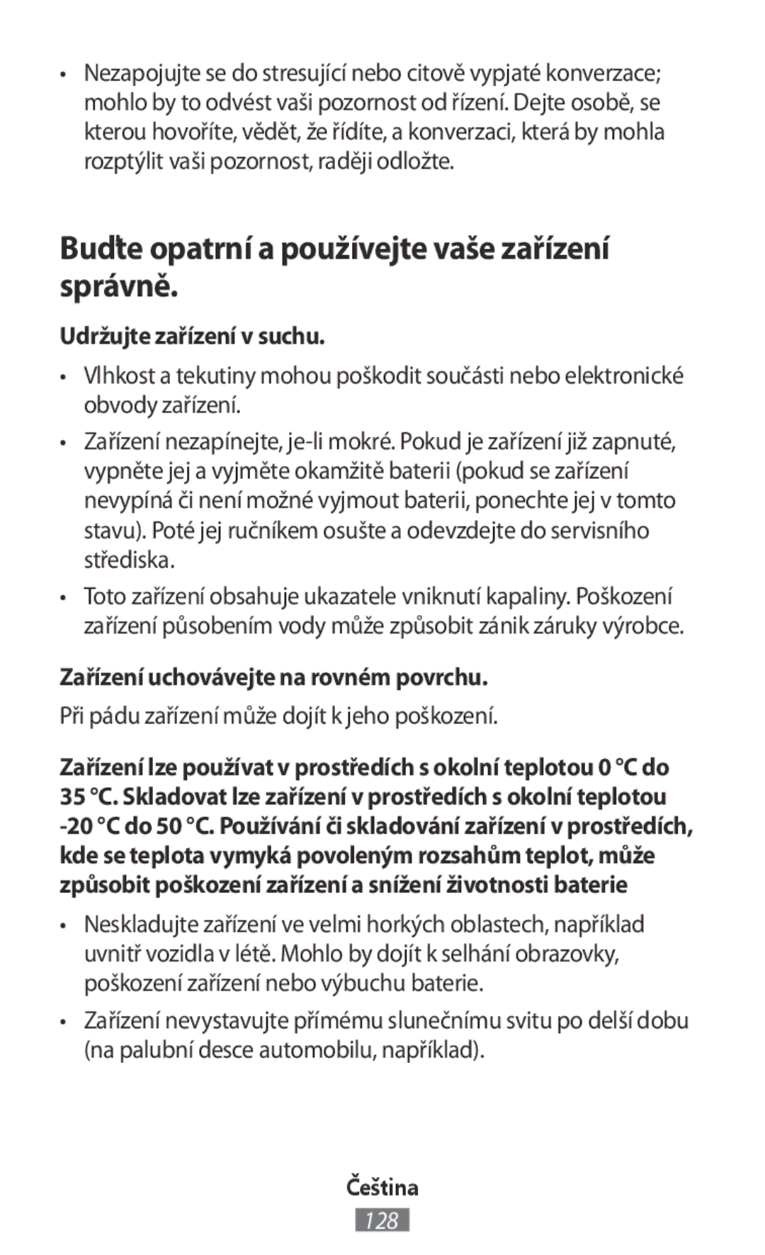 Samsung SM-R770NZSAPHE, SM-R770NZSADBT manual Buďte opatrní a používejte vaše zařízení správně, Udržujte zařízení v suchu 