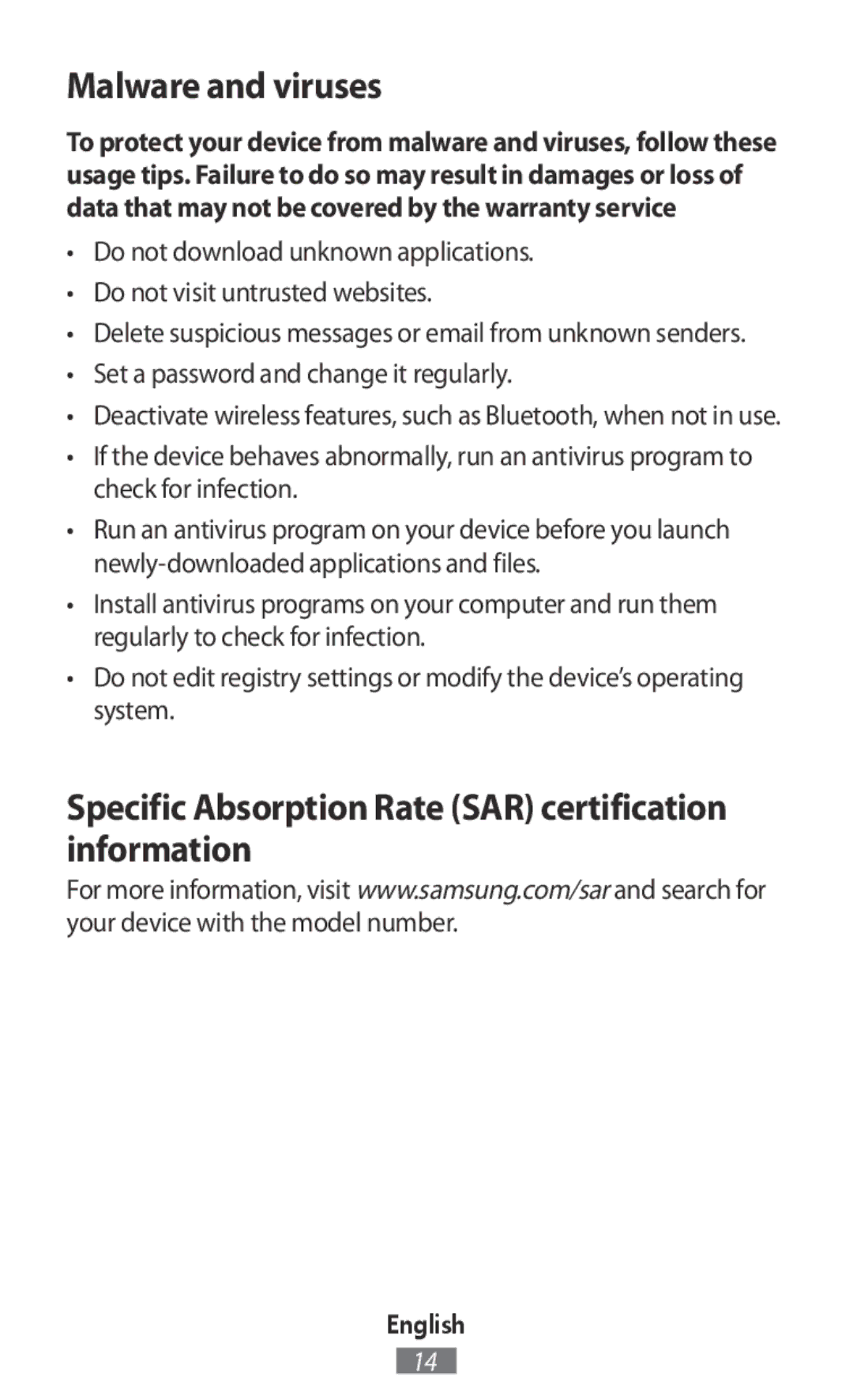 Samsung SM-R770NZSABGL, SM-R770NZSADBT manual Malware and viruses, Specific Absorption Rate SAR certification information 