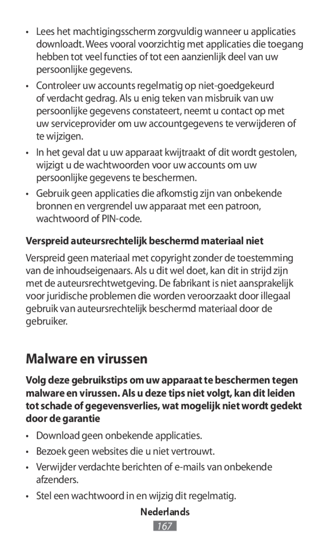 Samsung SM-R760NDAANEE, SM-R770NZSADBT manual Malware en virussen, Verspreid auteursrechtelijk beschermd materiaal niet 