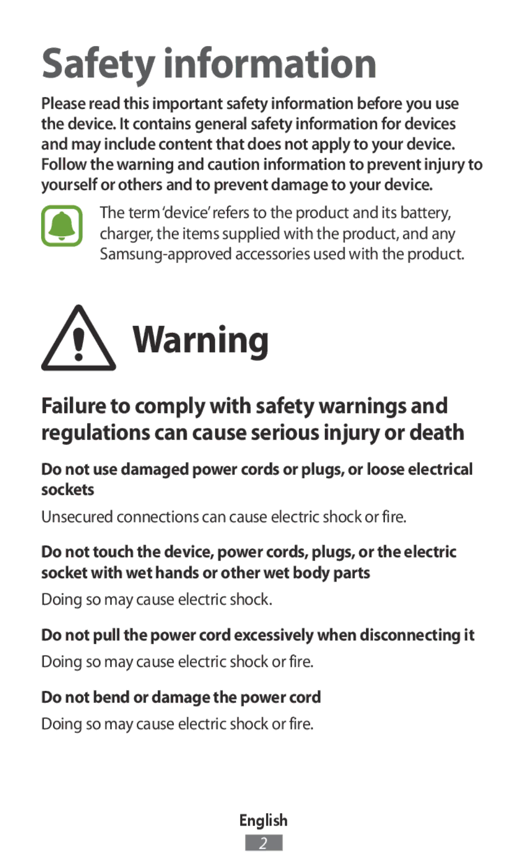 Samsung SM-R760NDAAXEF manual Unsecured connections can cause electric shock or fire, Doing so may cause electric shock 