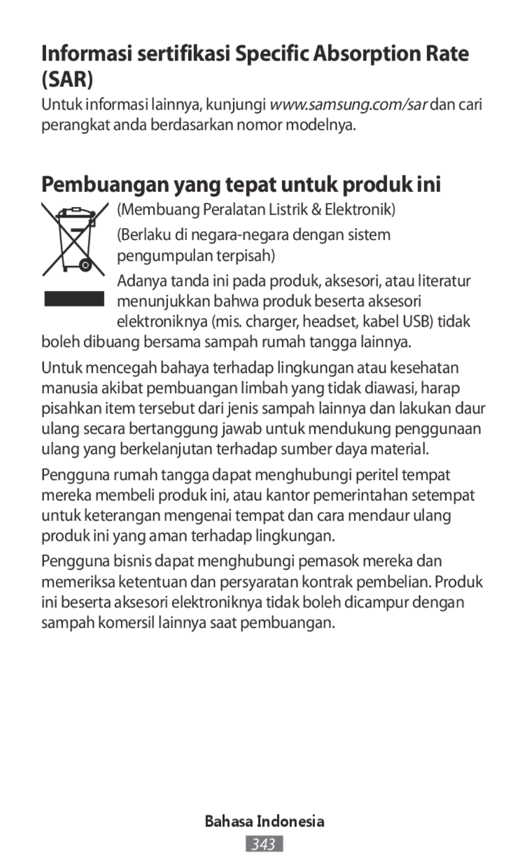 Samsung SM-R760NDAABGL manual Informasi sertifikasi Specific Absorption Rate SAR, Pembuangan yang tepat untuk produk ini 